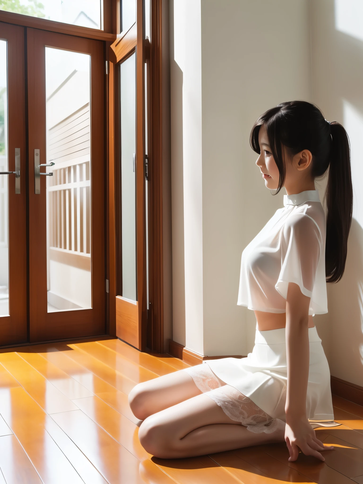 ((Full body:1.2,Voyeur from the side:1.2,from a distance:1.2)),3 Japanese girls,kneeling,arms behind back,blushing and embarrassed face,summer casual style,See-through white blouse,See-through white flare skirt,white choker,See-through white Panty,white high heels,slim body shape,from below,realistic,best quality,ultra-detailed,high resolution,beautiful white skin,looking at another,flooring room