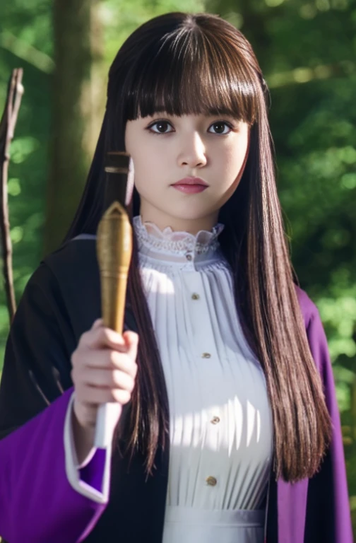 a woman 17 years old, full body black, purple cloak, white dress with black jacket, fern sou sou no frieren, full body, big breast, forest background, long purple straight hair, oval face, shinning eyes, perfect face, highest resollution, perfect finger, holding a long magical wand, butterfly pin