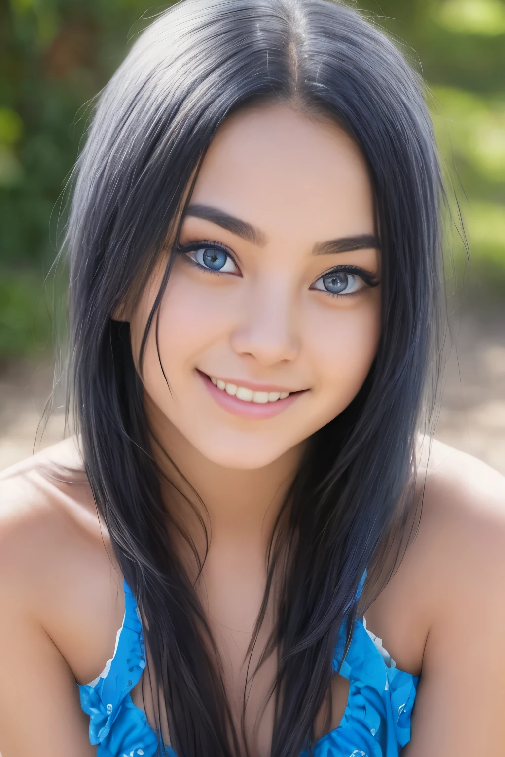A 19-year-old girl, with a face resembling Amy Lee's, blue eyes, black hair adorned with blue highlights, fair, hyperrealistic skin, intricately detailed and realistic, smiling directly at the camera. This photorealistic image, captured through authentic photography, presents her in an engaging pose, with a seductive smile that draws the audience in. The image is sharp and crisp with a high resolution, taken using a professional Canon EOS R5 camera and a 50mm lens, set to F/2.8 aperture for an ultra-detailed focus. The background is simple and blurred, allowing the girl to be the main focus of