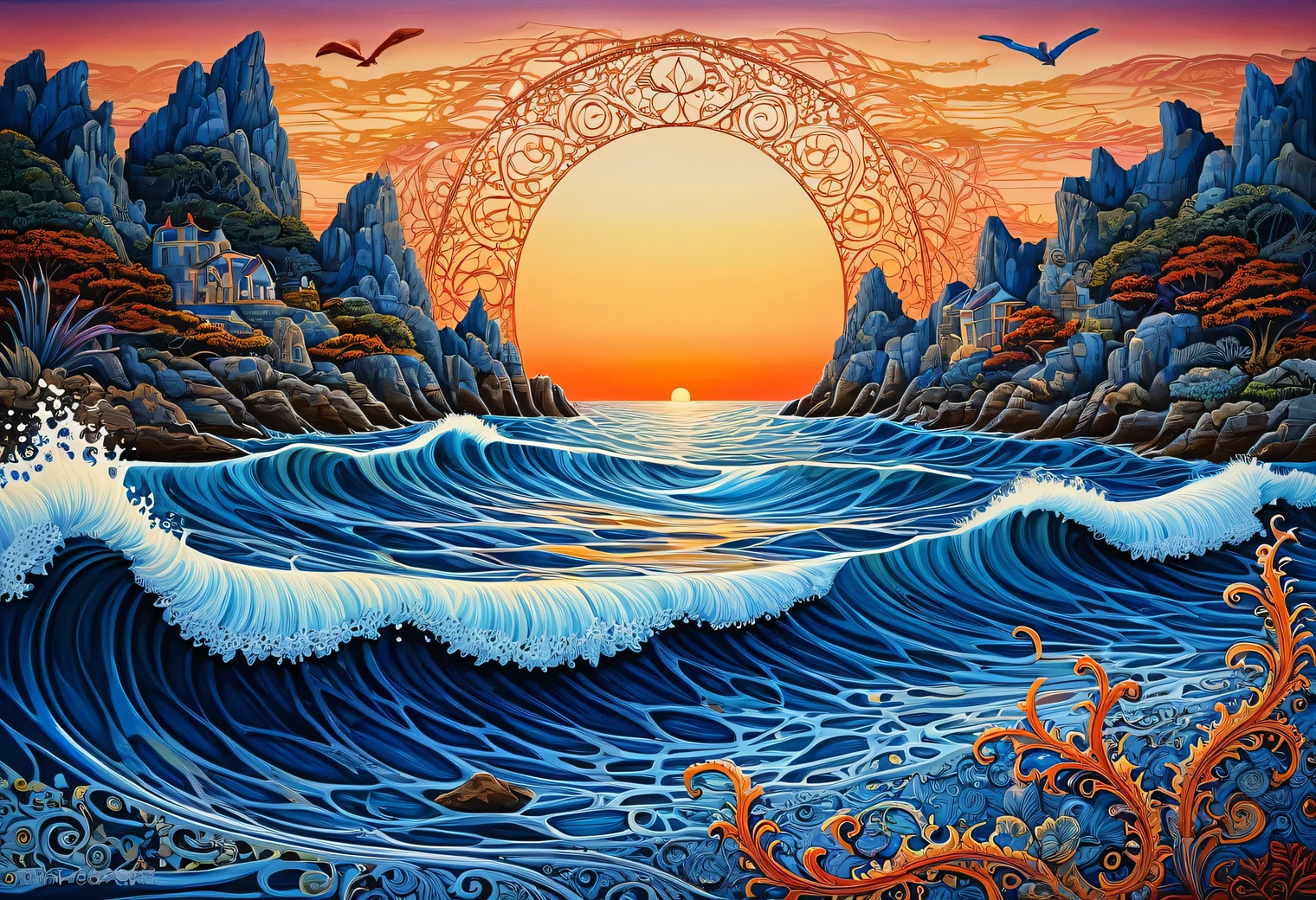 A two-layer painting with the effect of surreal volume by superimposing layers with different styles, a surreal grotesque image ((Blue Coast)) at sunset on one layer surrounded by an elegant intricate patterned edging made by the second layer, the combination of two layers creates the illusion of volume, canvas, acrylic, clarity, filigree