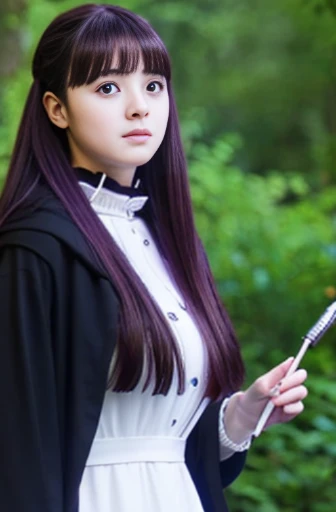 a woman 17 years old, full body black, purple cloak, white dress with black jacket, fern sou sou no frieren, full body, big breast, forest background, long purple straight hair, oval face, shinning eyes, perfect face, highest resollution, perfect finger, holding a long magical wand, butterfly pin