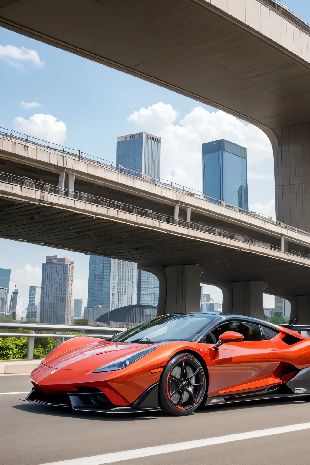 Super bright and modern metallic-vermillion racing car is running on the expressway,
City of high transportation technology complex, skyscrapers , and towers,
Good green environmental atmosphere,
Morning sunlight with blue sky and white cloud