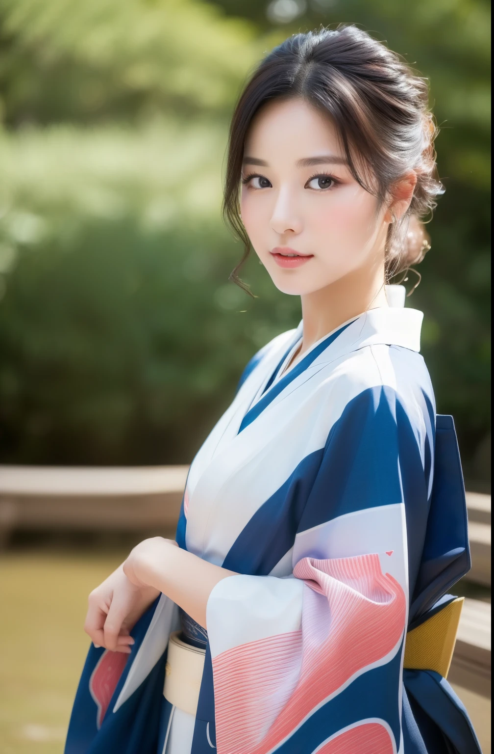 ((top quality, 8k, masterpiece: 1.3)), Clear focus: 1.2, (super pretty face: 1.0), (Smooth skin: 1.0), Realistic photos, Black Hair, Realistic students, Movie Lighting, Very detailed eyes and face, Movie Lighting, (Cowboy shooting: 1.0), (kimono, likewise, Heart: 1.15), (Korean cute actress), In nature, classic kimono, Happy, Japanese Models
