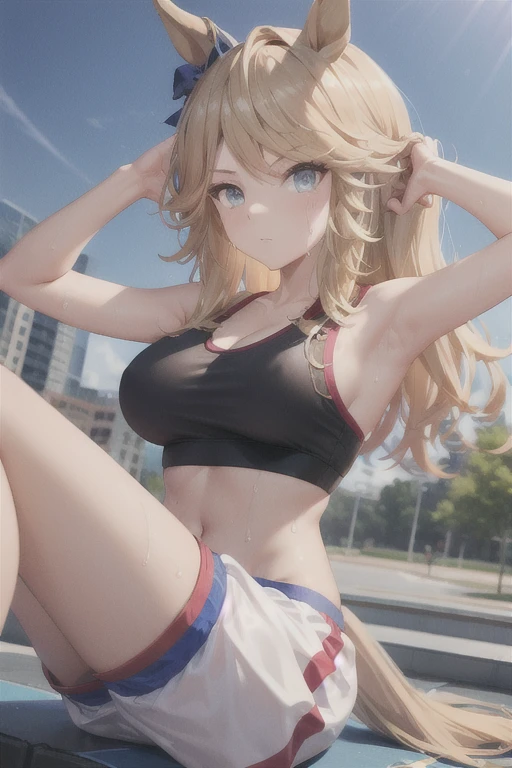 gold city \(umamusume\, masterpiece, best quality, sephiria, sports bra, large breasts, stretching, sweatpants, gym, looking at viewer, sitting, water bottle