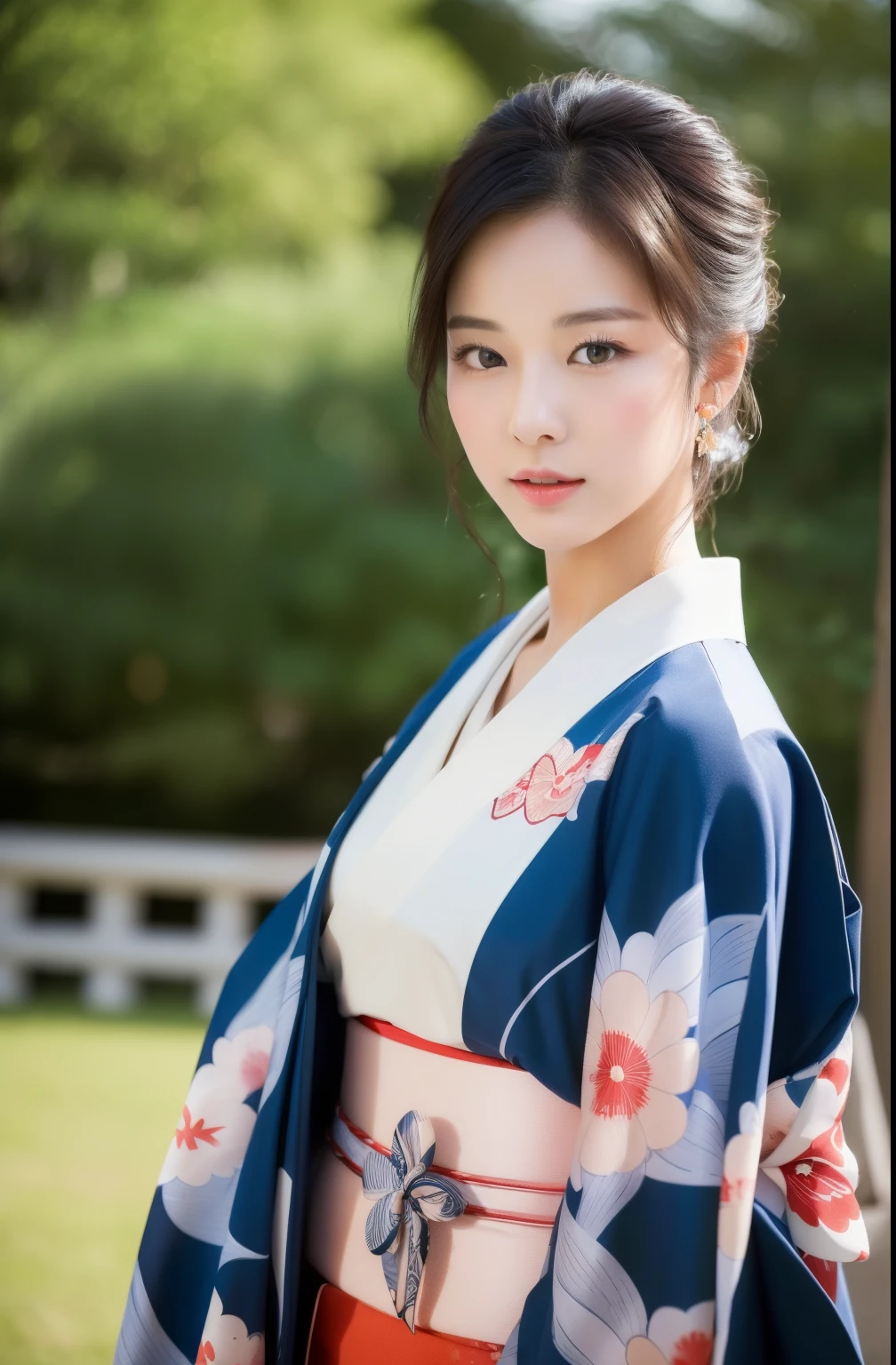 ((top quality, 8k, masterpiece: 1.3)), Clear focus: 1.2, (super pretty face: 1.0), (Smooth skin: 1.0), Realistic photos, Black Hair, Realistic students, Movie Lighting, Very detailed eyes and face, Movie Lighting,  (Cowboy shooting: 1.0),  (kimono, likewise, Heart: 1.15),　(Korean cute actress), In nature, classic kimono, Happy, Japanese Models