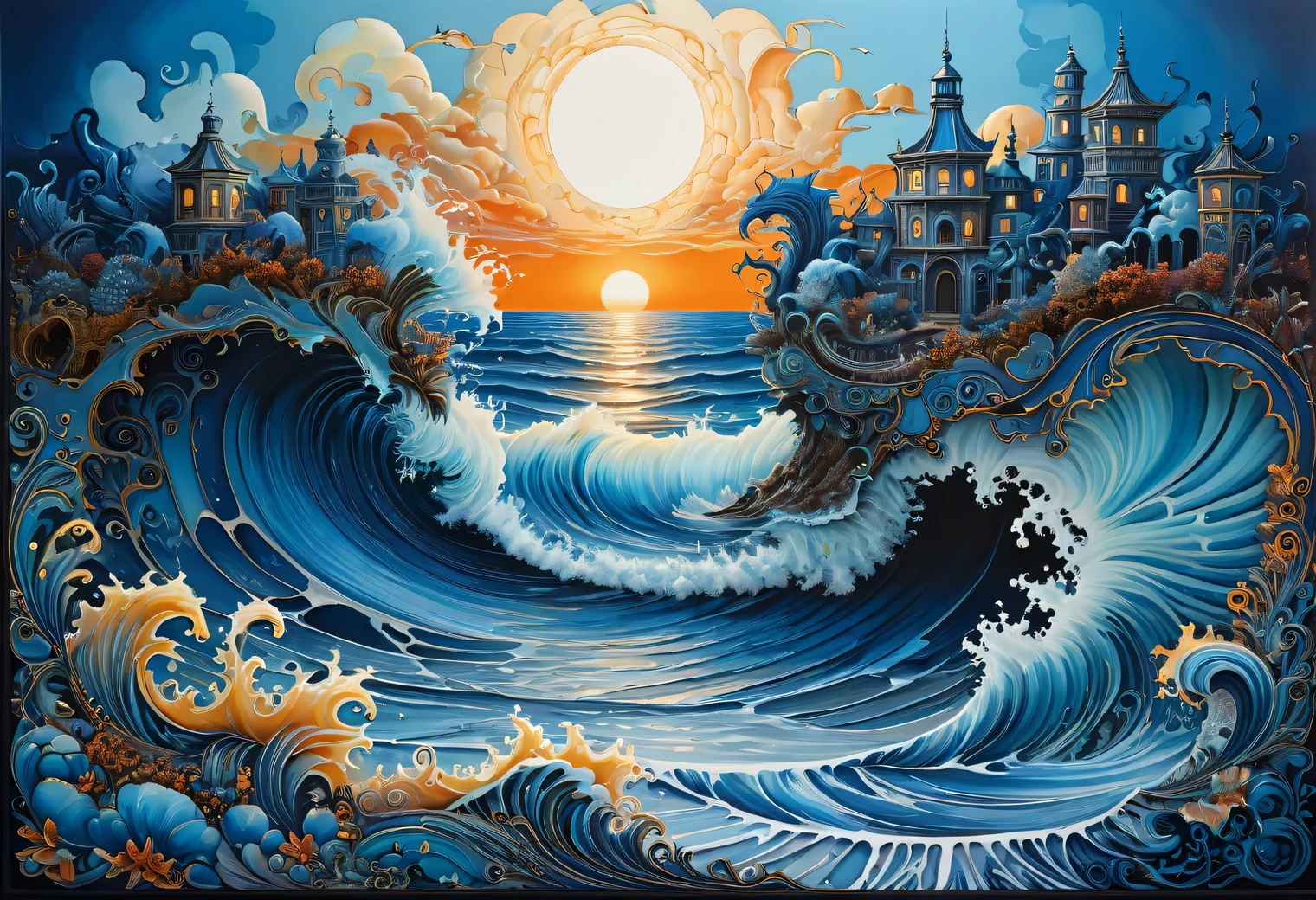 A two-layer painting with the effect of surreal volume by superimposing layers with different styles, a surreal grotesque image ((Blue Coast)) at sunset on one layer surrounded by an elegant intricate patterned edging made by the second layer, the combination of two layers creates the illusion of volume, canvas, acrylic, clarity, filigree