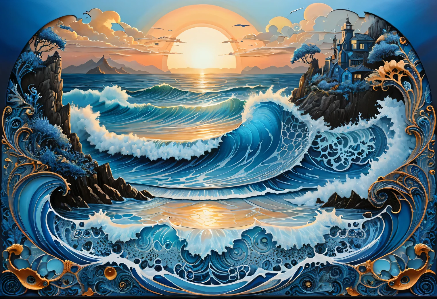 A two-layer painting with the effect of surreal volume by superimposing layers with different styles, a surreal grotesque image ((Blue Coast)) at sunset on one layer surrounded by an elegant intricate patterned edging made by the second layer, the combination of two layers creates the illusion of volume, canvas, acrylic, clarity, filigree