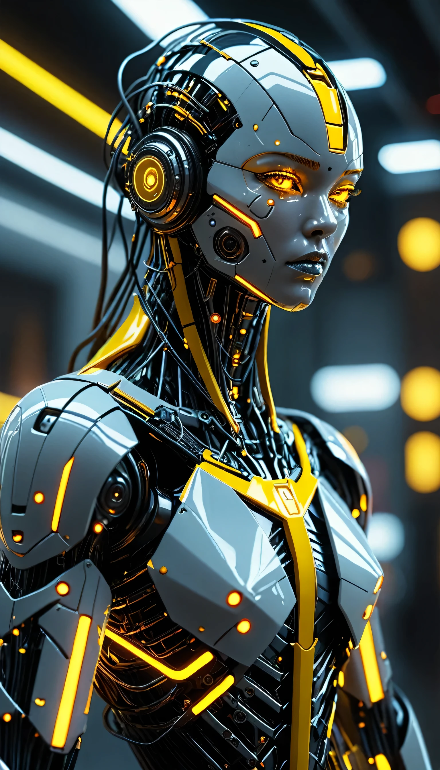 (three-quarter shot on camera canon EOS 5D Mark vi, len 35mm, f2.6). Enigmatic human figure with a dark templed, futuristic and giant piramid-form structure made of glass, wearing a yellow fitted long sleeve shirt, on a blurred darkgray studio background. (Gazing straight). tangled wires connected from nape to head, cyborg. Cyberpunk, modern art, futuristic. dark atmosphere, dimsy lit, white cenital light, strange, bizarre. Photorrealistic, hyper detailed, octane render, raytracing, ambient occlusion, 16K UHD.