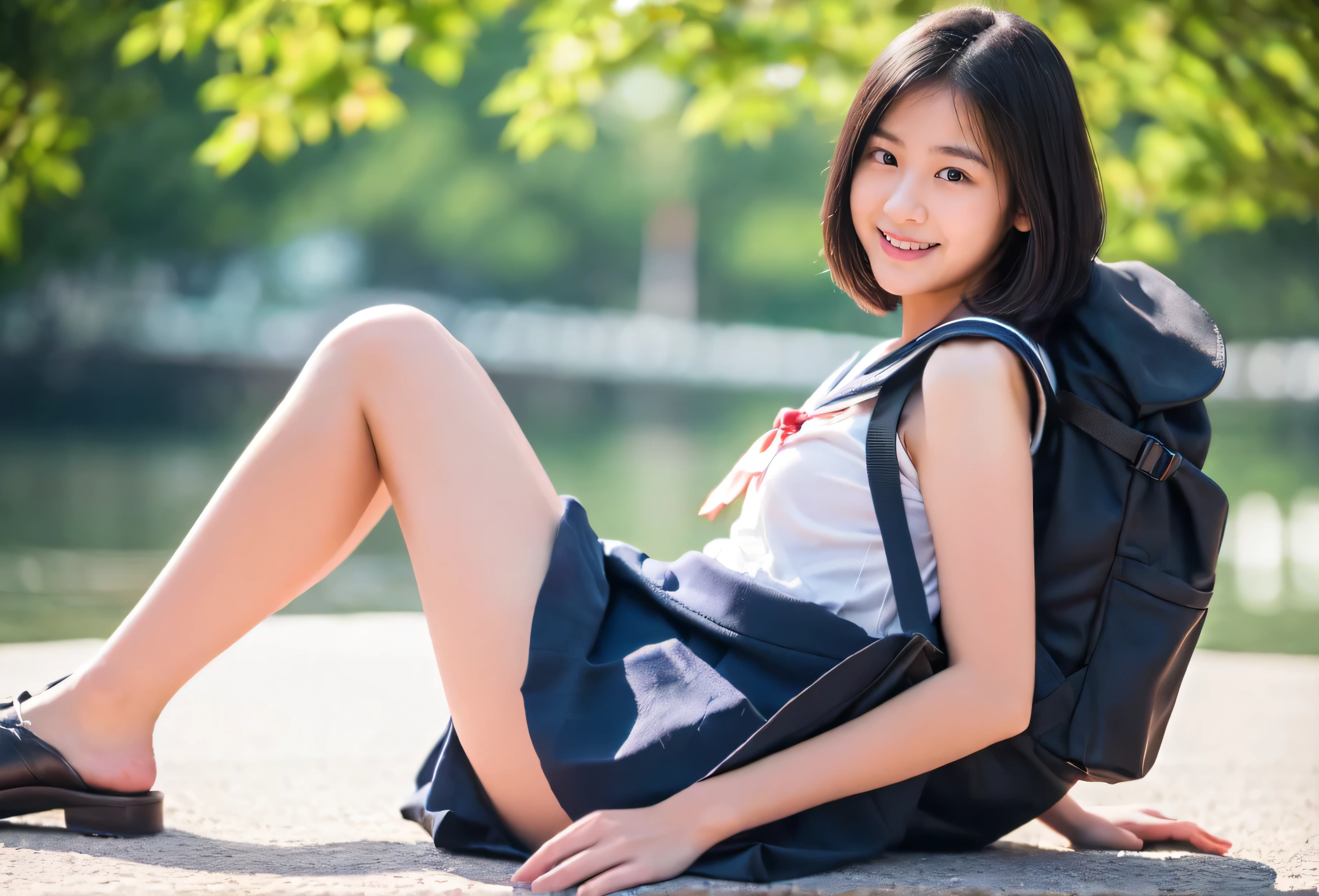 (((Accidental exposure, -yeld giShe is alone, Sailor suit, rucksack, Skirt caught in bag, A light smile.Skirt flipped up, Beautiful ass, Round ass,panties))), (masterpiece:1.3), (8k, Realistic, RAW Photos, highest quality: 1.4), Japan , (1 girl), Beautiful Face, (Realistic face), (Black Hair, short hair:1.3), Beautiful hairstyle, Realistic eyes, Beautiful Eyes, Beautiful Eyes, (Realistic skin), Beautiful Skin, Long legs, charm, Ultra-high resolution, Golden Ratio