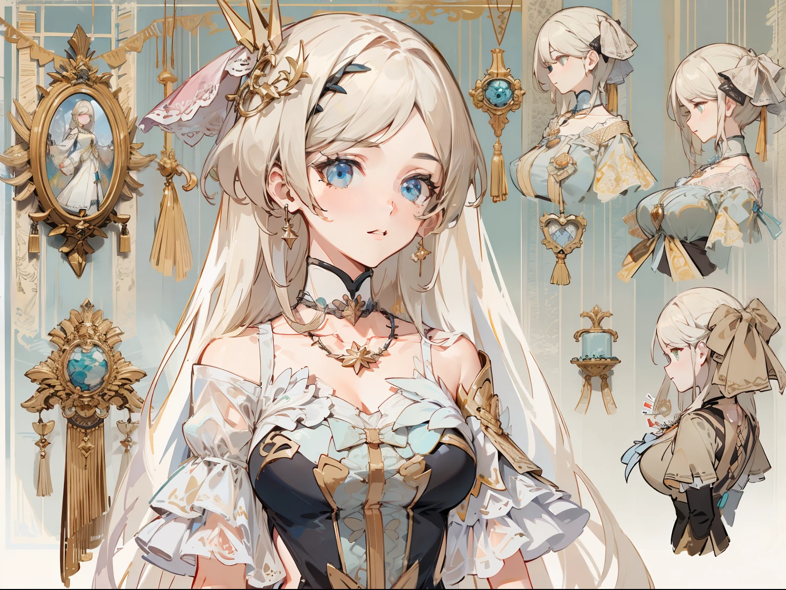 (Masterpiece, best quality) detailed, Detailed face, character sheet, full bodyesbian, many items (same person, dress, necklace, lace, bow, shoes, decoration, many parts), aristocratic woman, gentle, good-looking skirt, full of details, clear outfit design