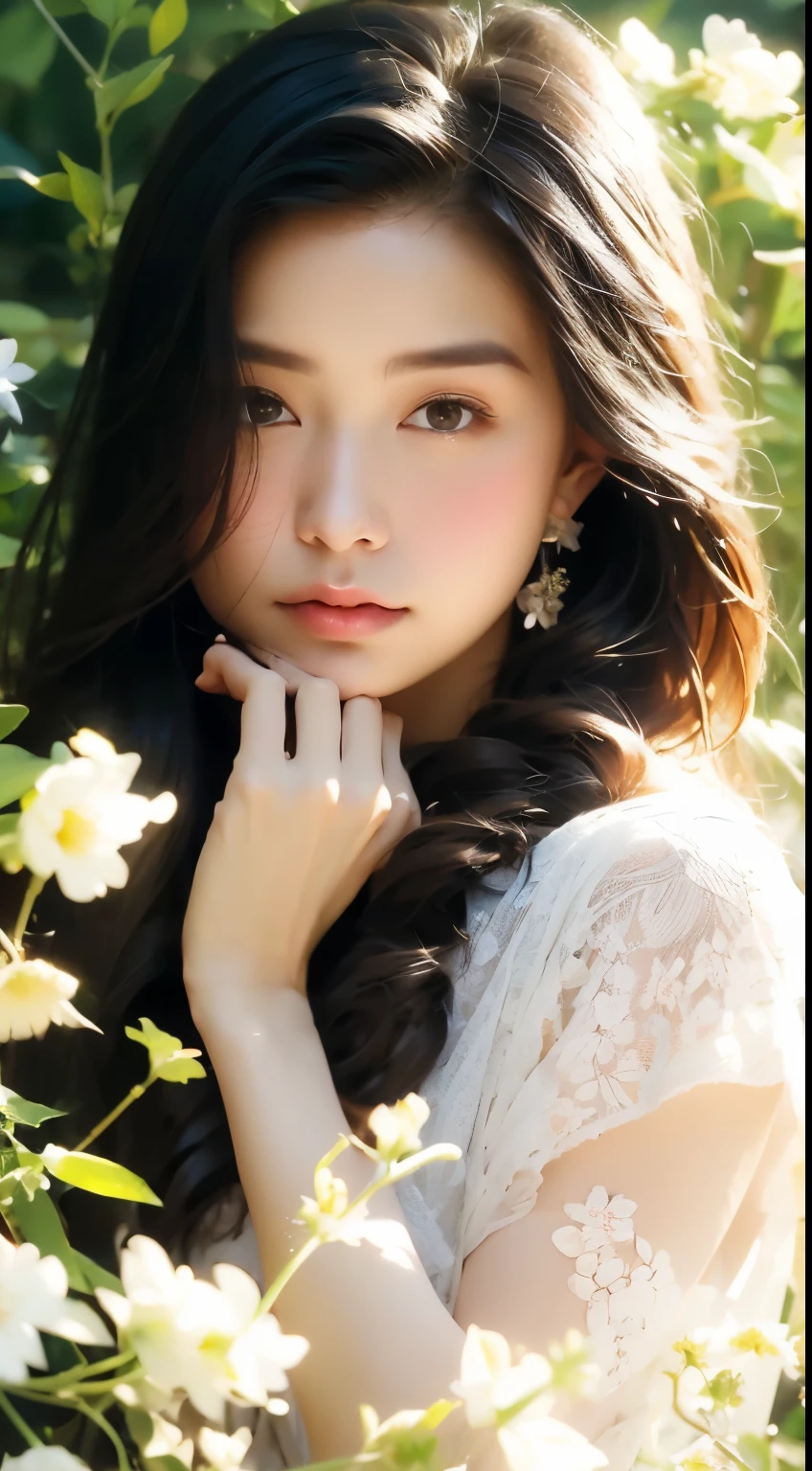 (8k, original photo, best quality, masterpiece:1.2), (Practical, photo-Practical:1.37),1 girl, Full body image, Black Hair, Flowing hair, Hazy Beauty, Extremely beautiful facial features, White embroidered dress, Hairpin on head, Lying in the flowers, Hand dragging chin, Perfect hands, White flowers, (spring, Rainy Day, Terraces, Mountains), Simple vector art, Chinese Contemporary Art, Soft Light, Tangled scarf, Overlooking