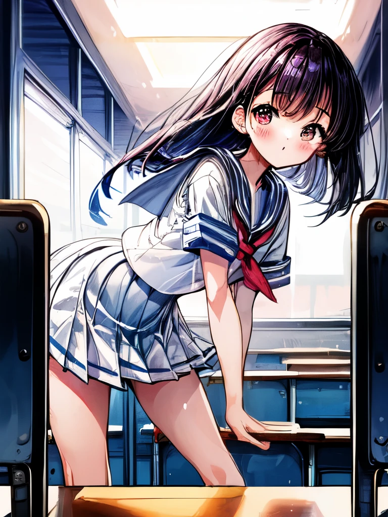 Create an image of a girl, sailor suit, classroom, The image should capture the essence of summer, The girl should be in a typical summer pose, with a high-contrast effect and a subtle glow. The upper part of the screen should have a darker tone, gradually transitioning into a brighter tone towards the bottom.