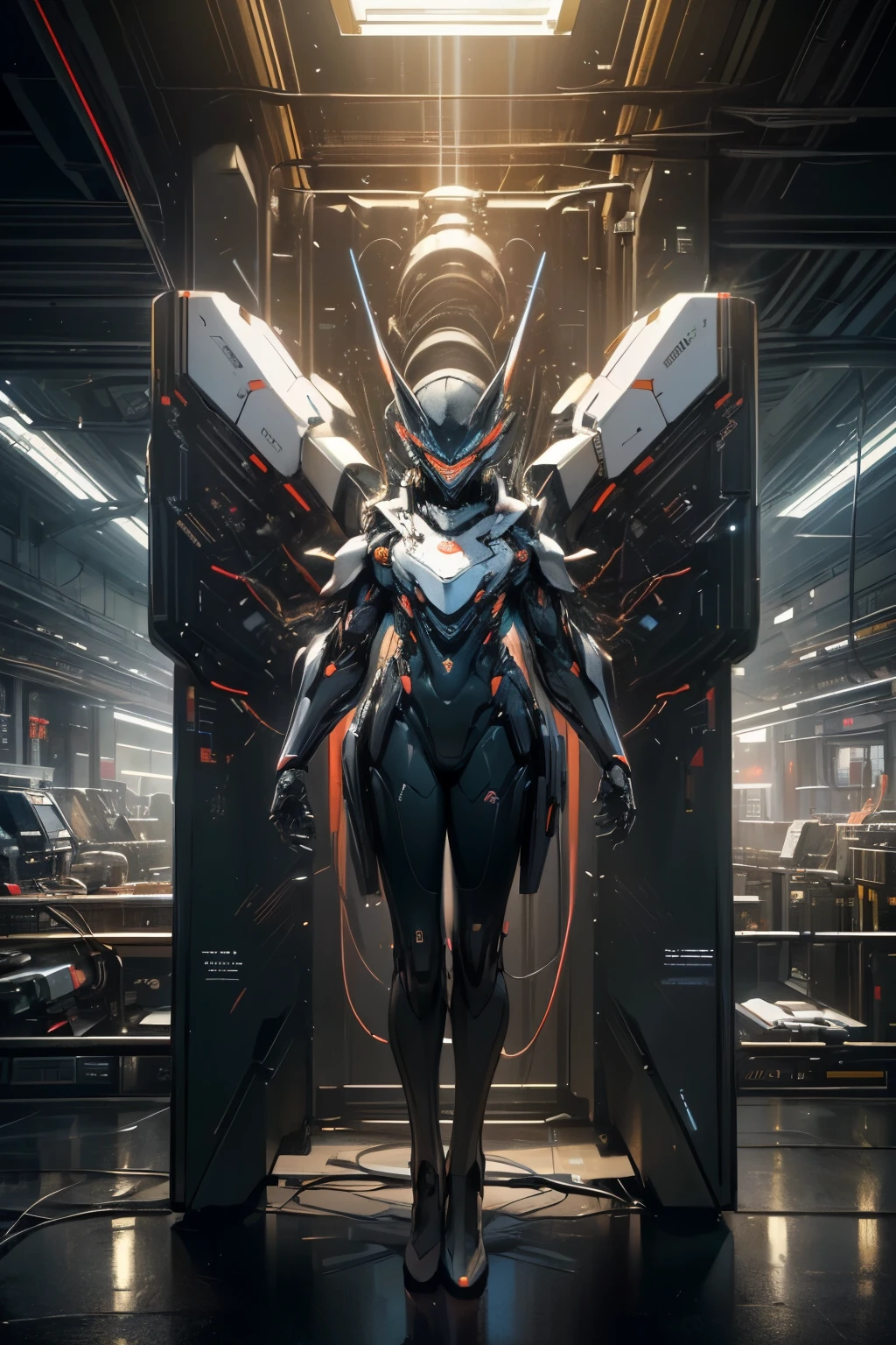 masterpiece, highest quality, God of the Cyber World, (Full Body Shot,Large room,wiring),masterpiece, There's one god in the large room, A futuristic sci-fi face made of machines, (((Full Body Shot, center, night, )), Lighting the digital world, Symmetric, complicated, grace, Attention to detail, realism, art, concept art,