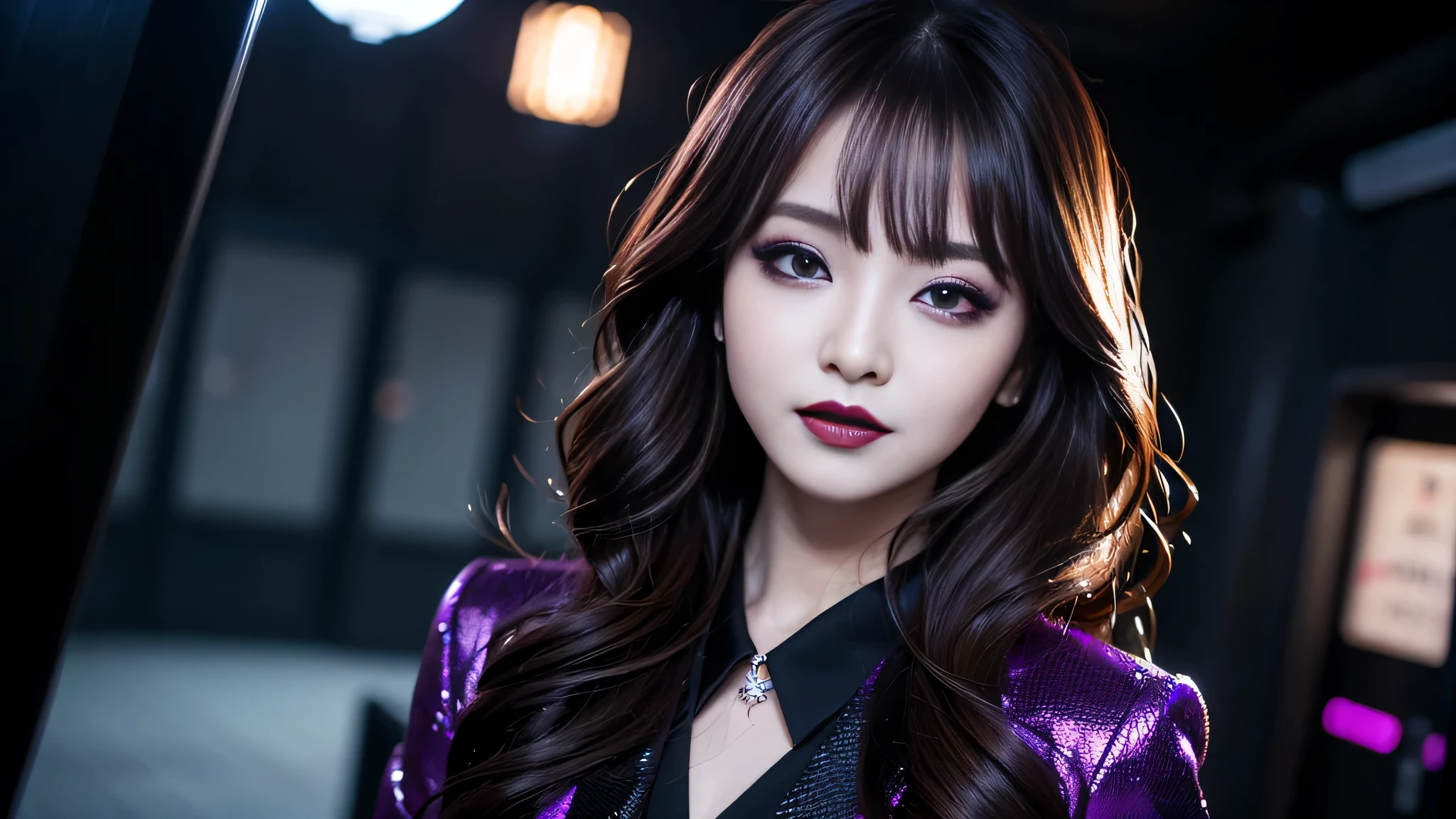 best quality、ultra-detailed、4k、Japanese、Seductive beauty、seductive adult woman、Pretty Woman、cool girl、Villainess、Brainwashed、brainwash、Fallen into evil、smirk、Evil look、Wicked Smile、evil、Brown hair、wavy hair、swept bangs、dark makeup、dark makeup、piercing eyes、hollow eyes,half-closed eyes、Hollow Eyes、purple Eyeshadow、black lipstick、black lipglos、suit、Jacket、night、inside darkroom、Seduce、Applying lipstick、