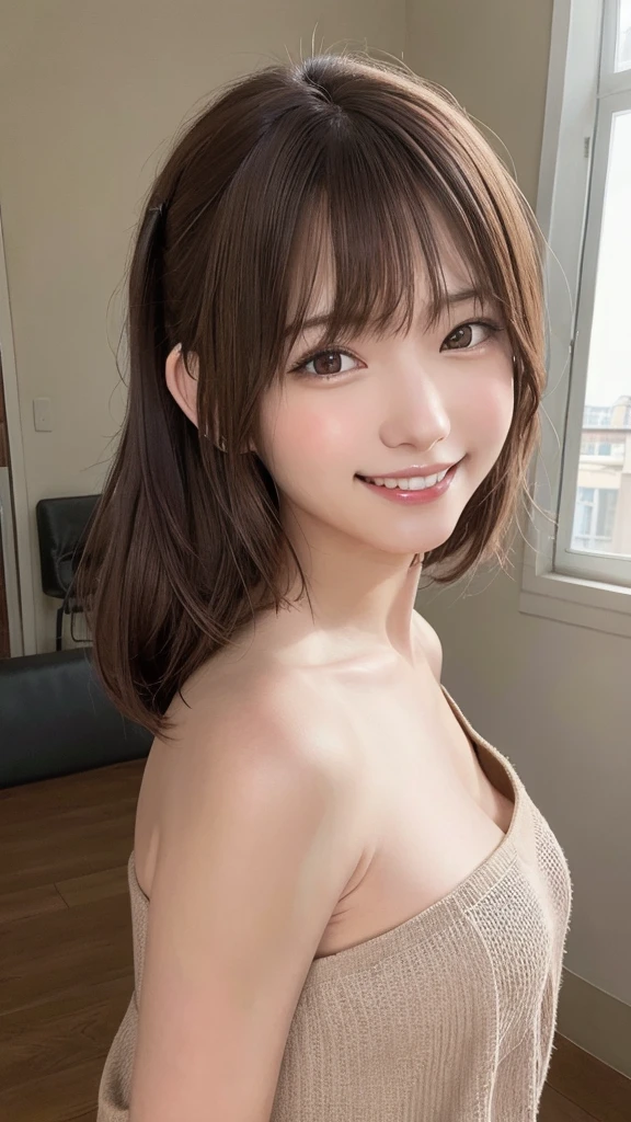 brown hair, hair over shoulder, ponytail, grin, blush, Surrealism, Hyperrealism, Verism, wide shot, UHD, masterpiece, ccurate, anatomically correct, textured skin, super detail, high details, high quality, highres, 1080P, HD, 8k