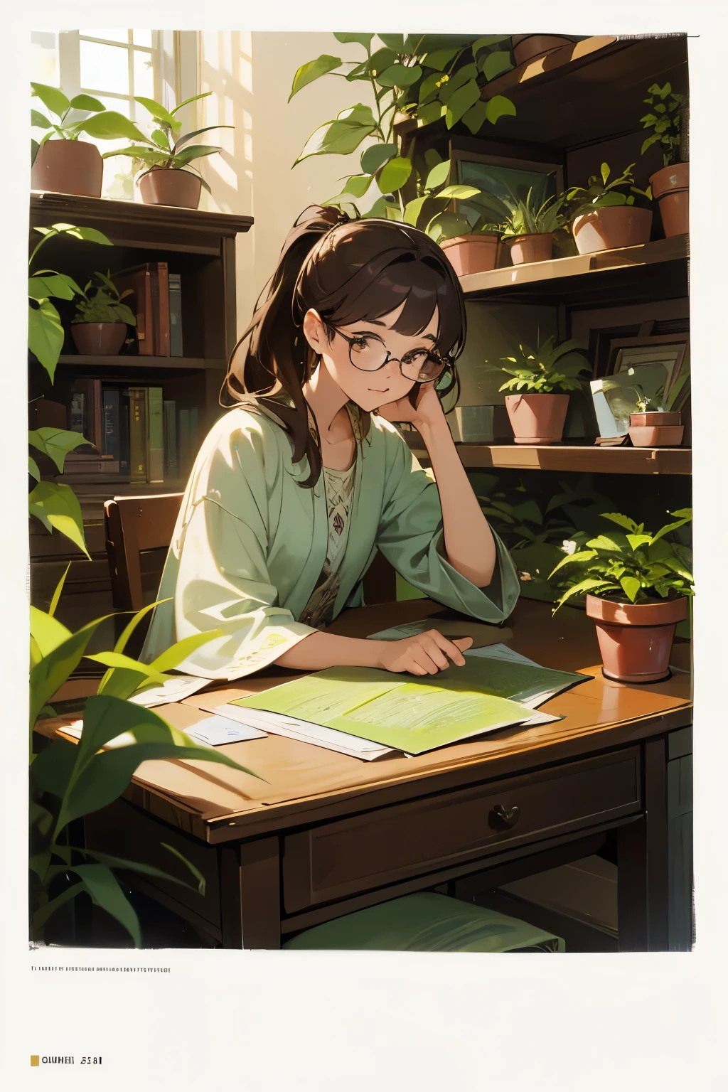 Best image quality, high resolution, 8K, realistic representation in every detail, photorealism. In a room bathed in natural light, a desk is carefully arranged in the midst of a miniature jungle. Shelves overflow with clay pots, each housing a different variety of medicinal plants. At the center of this domestic ecosystem, an 18-year-old woman focuses on her work. Her name is Leslie, a botanist passionate about the botanical diversity and medicinal secrets of plants. Her brown hair is pulled back into a casual ponytail, with a few wavy strands framing her face. Behind her round glasses, her green eyes shine with insatiable curiosity. Clad in a simple floral dress, she seems perfectly at ease among her precious botanical discoveries. Each plant is a puzzle to solve, each leaf a story to tell. For her, the desk is much more than just a workplace; it's her laboratory, her sanctuary, her playground. As her agile fingers carefully manipulate the leaves and petals, she loses herself in thought, imagining the endless possibilities these plants could offer to medicine. But behind her apparent tranquility lies a fierce determination. For Leslie, the plant world still holds so many secrets to uncover, and she is ready to discover them, one plant at a time.