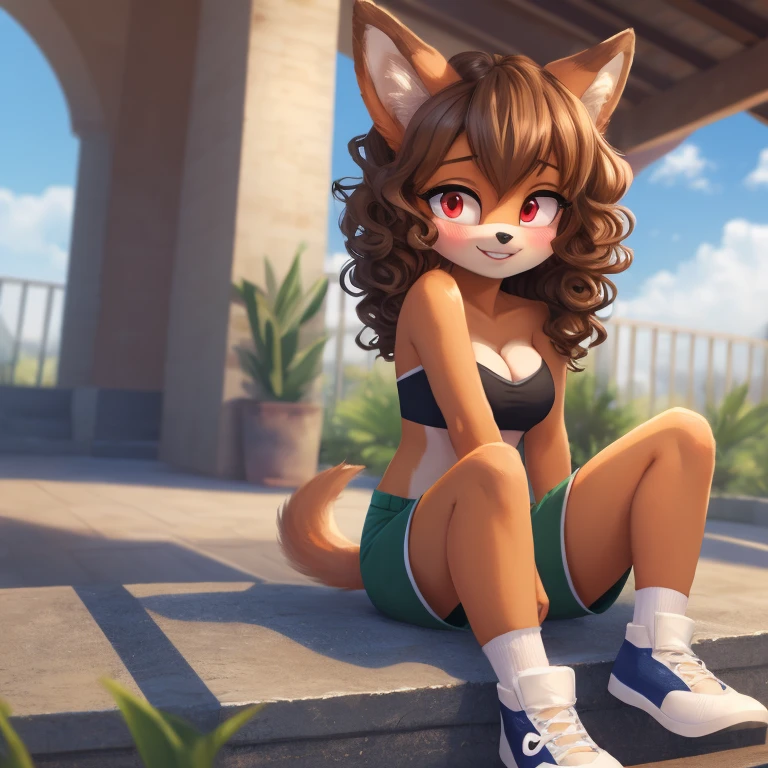 mobian, hedgehog, two-tone fur ((orange fur, brown fur)), pyjama elastic shorts, strapless crop top, cleavage, high-top sneakers, two-tone hair (brown hair, black tip)), curly hair, halo, sunglasses, jewelry, red eyes, longeyelashes, red eyes, smile, shy, blush, high detail, masterpiece, UHD, anatomically correct, super detail, highres, 4K