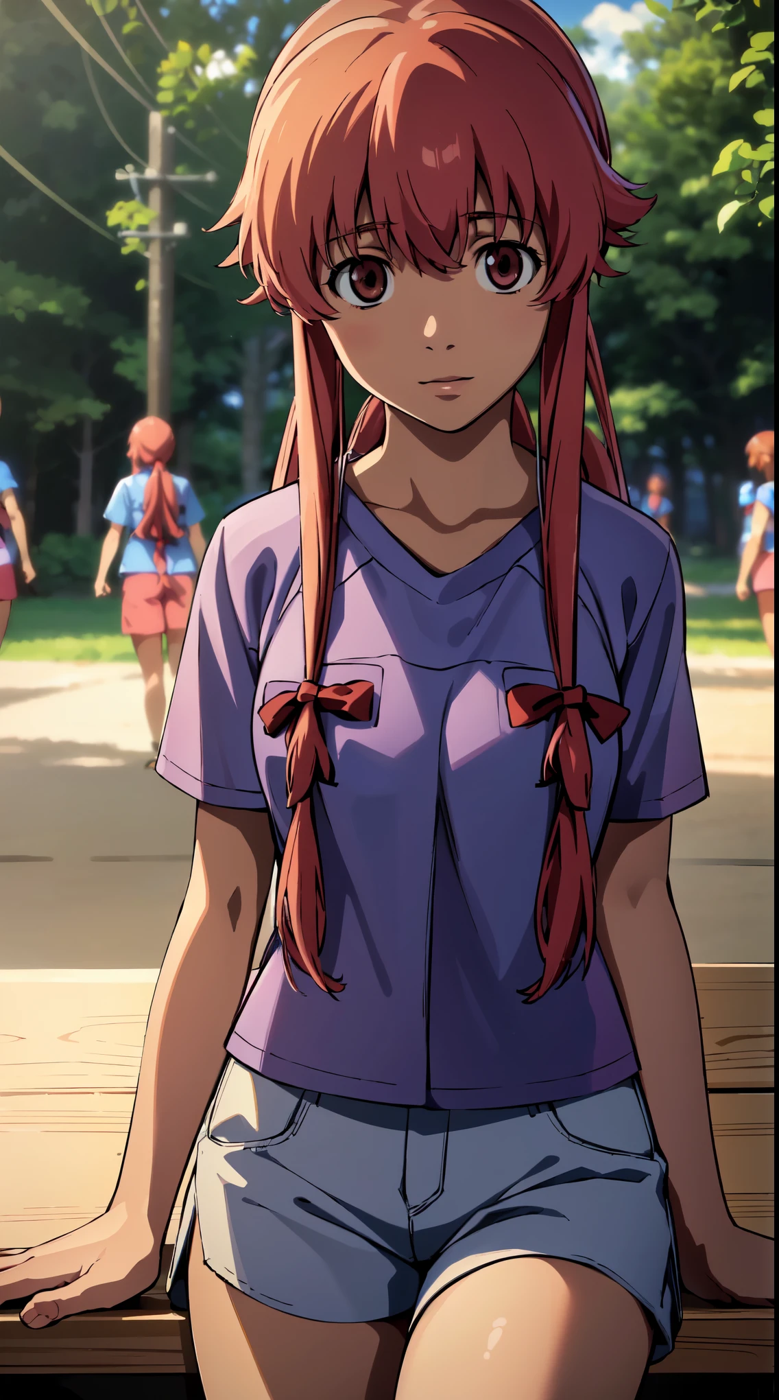 (best quality,4k,highres,masterpiece:1.2),ultra-detailed,(realistic,photo-realistic:1.37),Gasai Yuno from Mirai Nikki, Yuno gasai is a camp counselor working at a (((summer camp)))