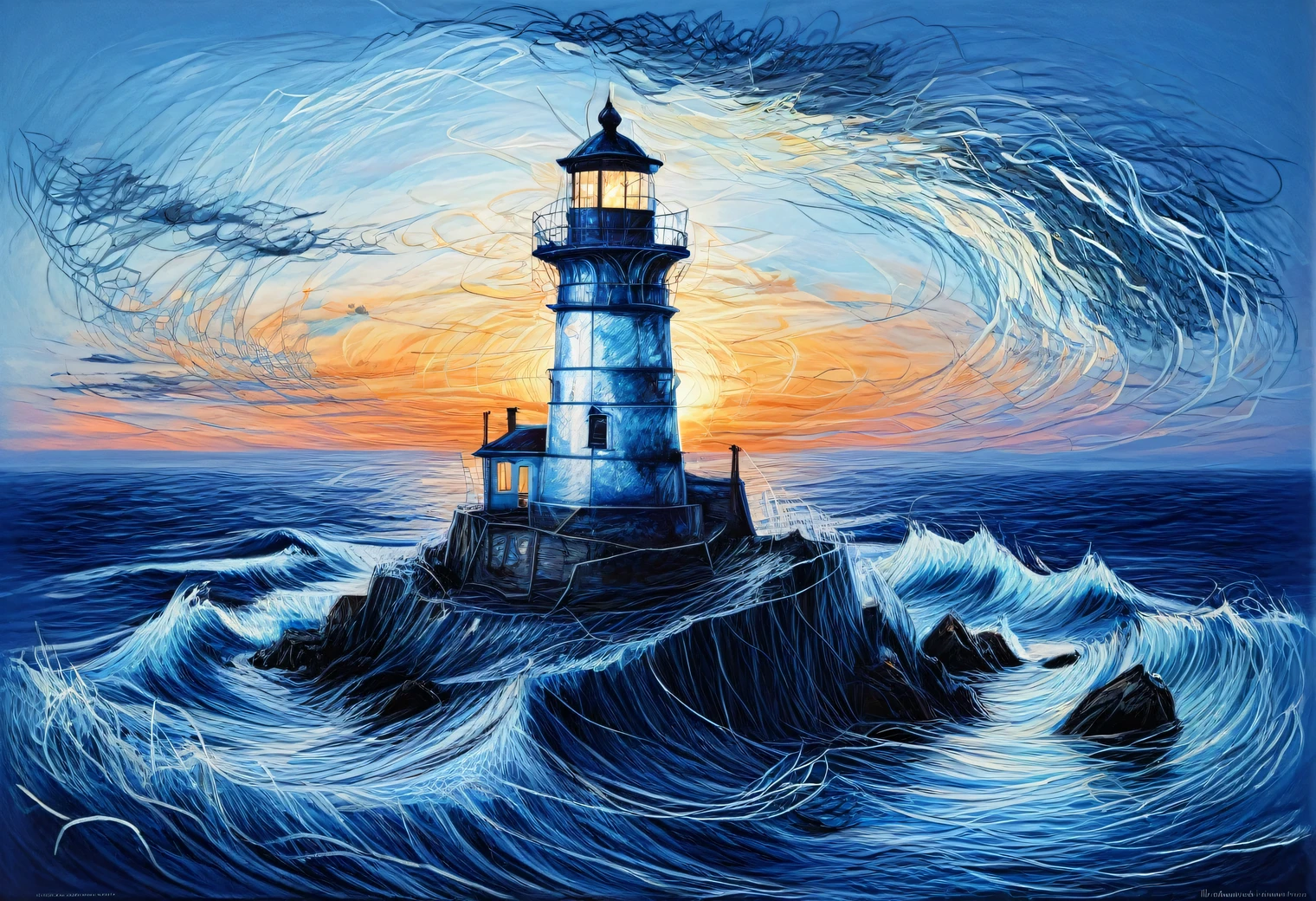 A two-layer painting with the effect of surreal volume by superimposing layers with different styles, a surreal grotesque image ((Blue Coast)) and (lonely lighthouse) at sunset on one layer surrounded by an elegant intricate patterned edging made by the second layer, the combination of two layers creates the illusion of volume, canvas, acrylic, clarity, filigree