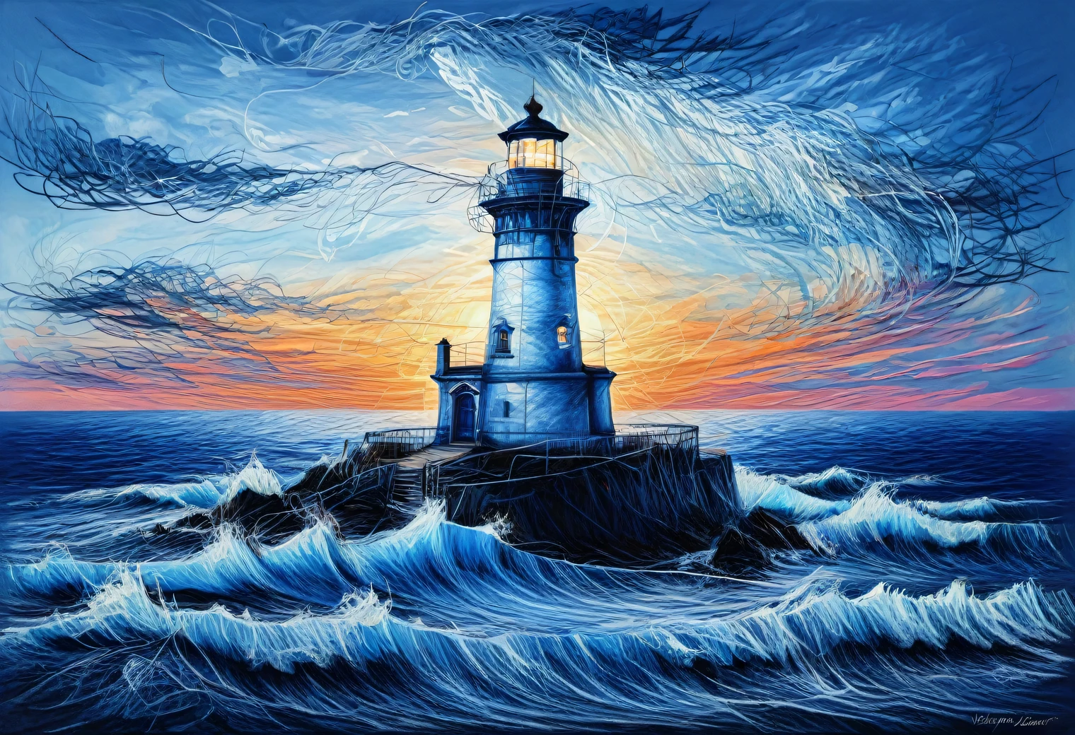 A two-layer painting with the effect of surreal volume by superimposing layers with different styles, a surreal grotesque image ((Blue Coast)) and (lonely lighthouse) at sunset on one layer surrounded by an elegant intricate patterned edging made by the second layer, the combination of two layers creates the illusion of volume, canvas, acrylic, clarity, filigree