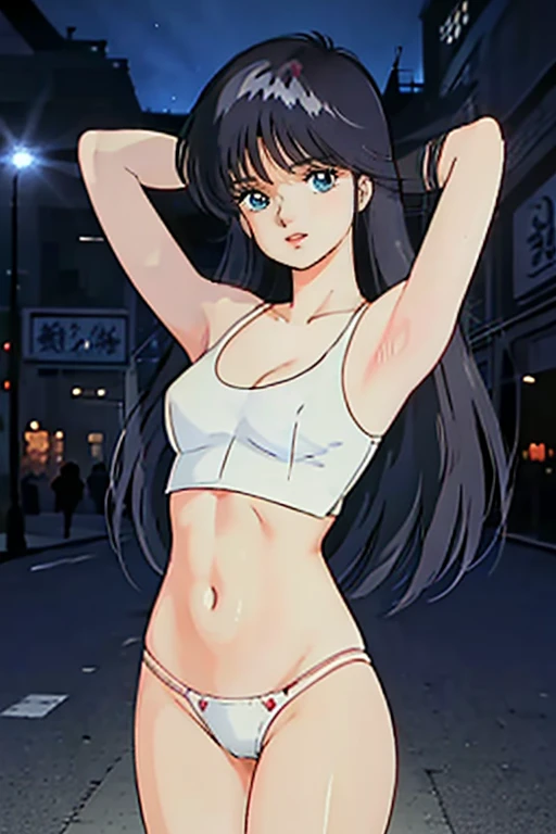 Ayukawa Madoka, beautiful girl college student, masterpiece, light makeup, red lips, black hair, messy long hair, street background, beautiful, elegant. super fine details, master works, authentic texture, cinematic lighting realism, perfect job, 16K, hd, exquisite features,blue eyes、Beautiful Face、cute smile、beautiful hair、glamorous、small round breasts、erect nipples、shiny skin、white skin, glowing skin, bright big eyes, smooth skin, super sexy tank top, thin tank top , white thong panties ,