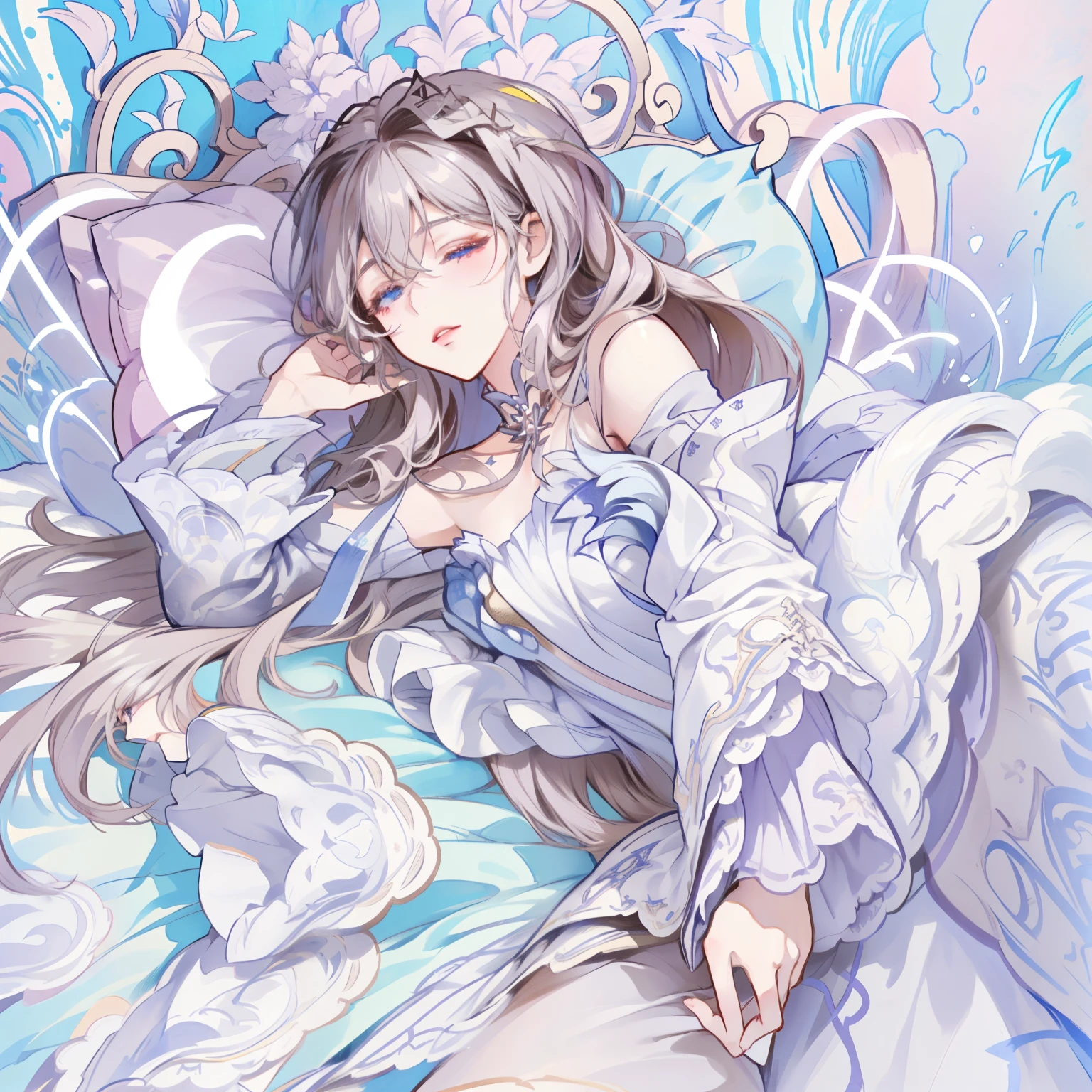 anime girl with long hair and a white dress laying on a bed, goddess of sleep, anime fantasy illustration, a beautiful artwork illustration, dreamy psychedelic anime, soft anime illustration, digital art on pixiv, ethereal anime, dreamy illustration, guweiz, beautiful anime artwork, dreampunk romanticism artwork, ethereal fantasy, detailed digital anime art