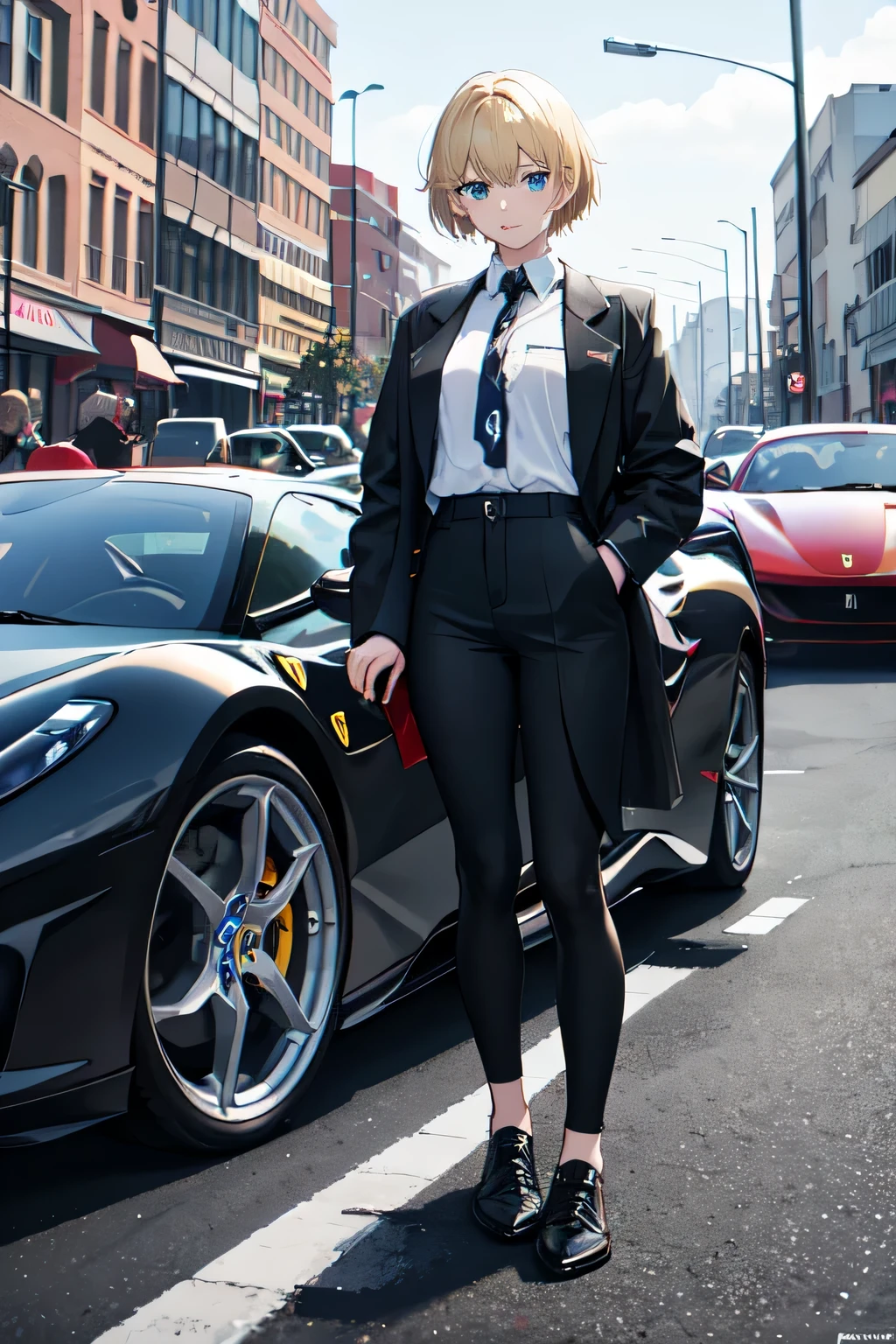 1girl with car ferrari F480 grey colour,18y.o,blue eyes,blonde hair,mullet haircut,short hair,senior highschoo outfit,car parking background,happy expression