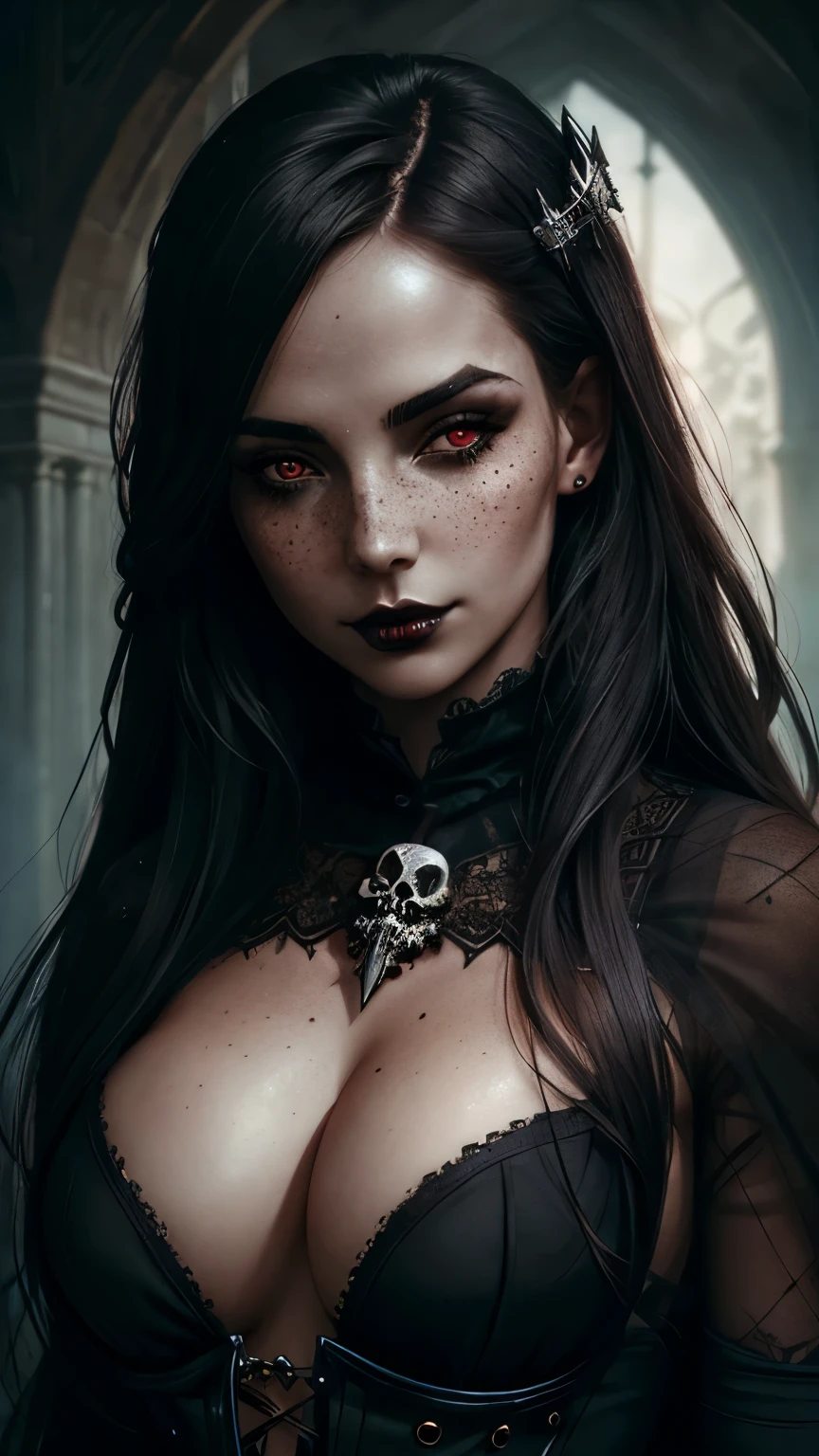 (best quality, hyperdetailed photography:1.2), beautiful lady, freckles, gothic dark makeup, soft light, perfect breast, cover, (detailed beautiful face, detail skin texture, ultra-detailed body:1.1) sexy vampire girl, red eyes, perfect body, skull, blood