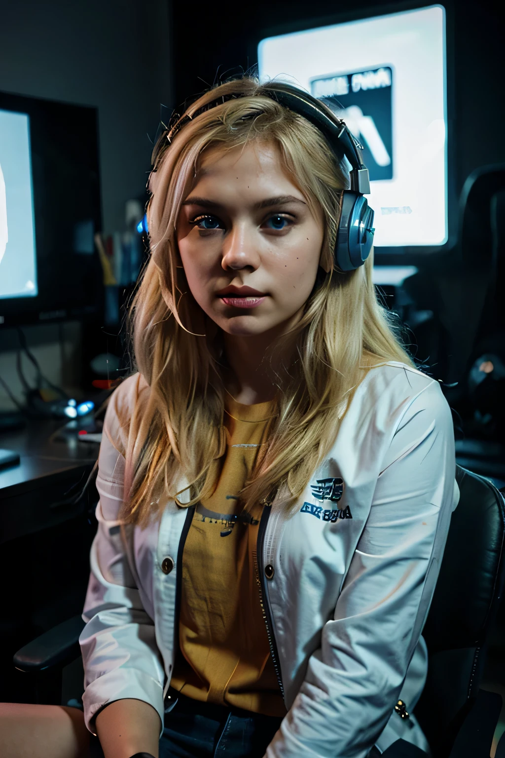 Extremely realistic blonde Russian girl with blonde hair and blue eyes, detailed clothing, calm, peaceful, inside a gaming room, playing videogames, wearing on ear headphones, neon light, ambient