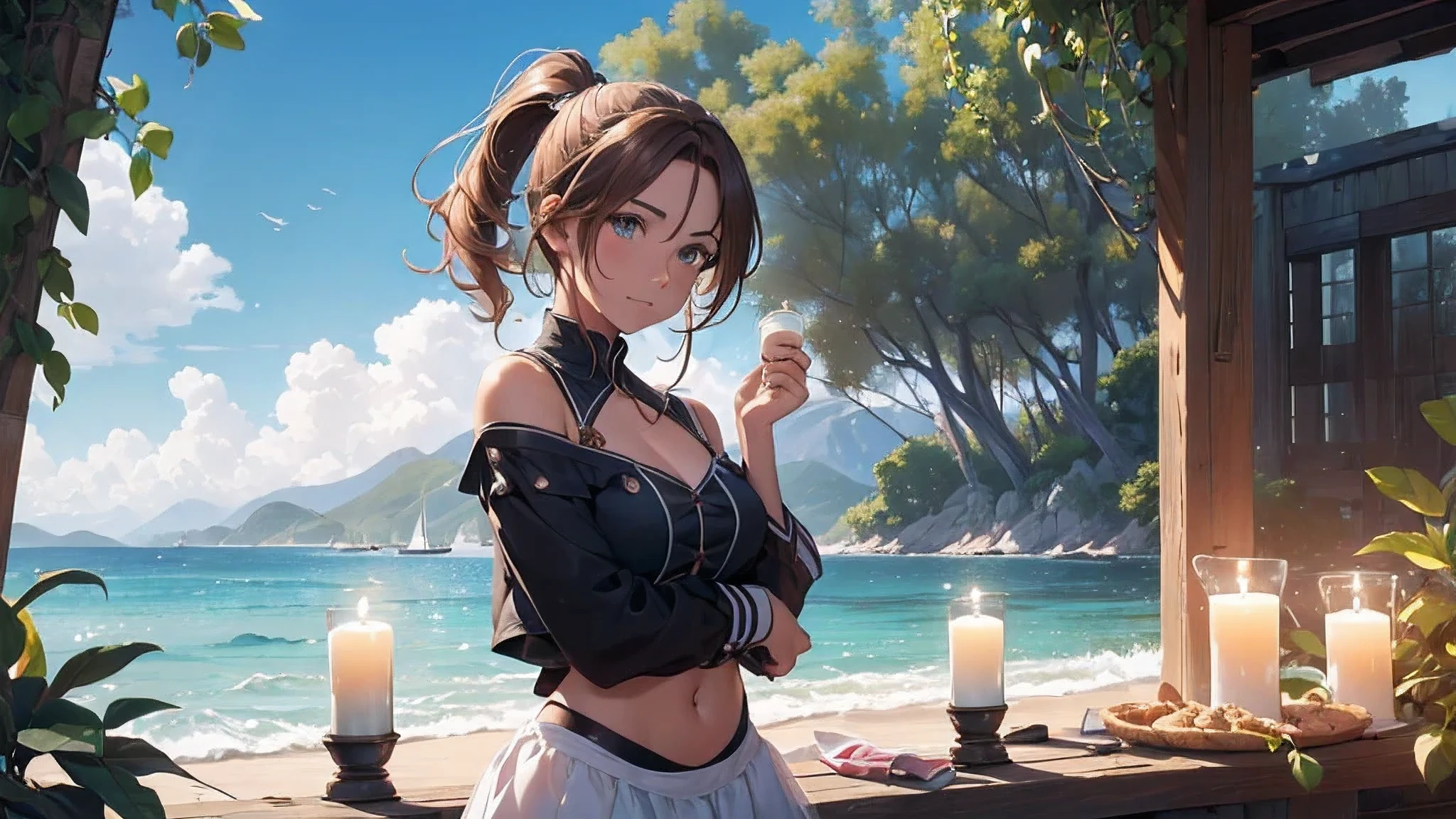 (8k, RAW foto, mejor calidad, (Obra maestra, super high quality, super detailed), anime style paisaje, chica joven, Absoluto, velas escarlatas, girl looking at the sea from the coast, camera looking at the sea, detalles intrincados, sailing ship with velas escarlatas, Una escena de una novela de Alexander Greene. "velas escarlatas" imagen de medio cuerpo, A beautiful women posing for a photograph in an alley, brown ponytail, golpes, risa feliz, blue eyes, Cuerpo magro musculoso, perfect anatomy, Looking to the camera, Time of the day, cielo azul, estilo animado, al aire libre, tendencia en artstation, Oh!, sakimichan muy sensual, con ropa original cuerpo entero, muy realista, extremadamente realista, extremadamente sexy, 8k, 8k extremadamente detallado), (un extremadamente delicado y hermoso), (obra maestra), (mejor calidad: 1.0), (ultra high resolution:1.0)