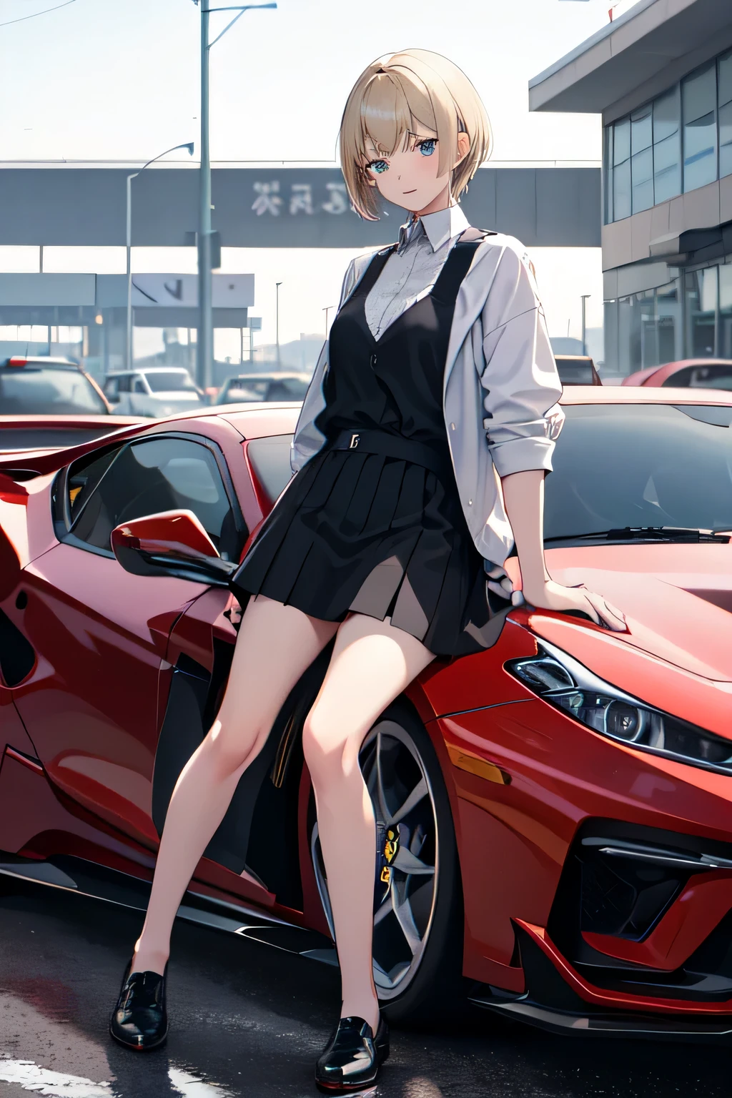 1girl with car ferrari F480 grey colour,18y.o,blue eyes,blonde hair,mullet haircut,short hair,senior highschool outfit,medium  size,car parking background,happy expression