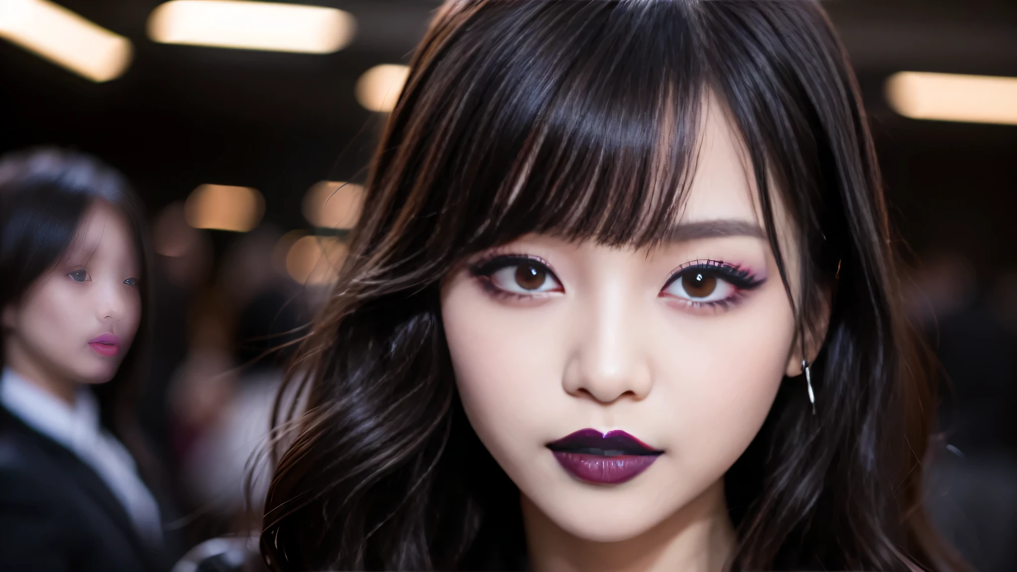 best quality、ultra-detailed、4k、Japanese、Seductive beauty、seductive adult woman、Pretty Woman、cool girl、Villainess、Brainwashed、brainwash、Fallen into evil、smirk、Evil look、Wicked Smile、evil、Brown hair、wavy hair、swept bangs、dark makeup、dark makeup、piercing eyes、hollow eyes,half-closed eyes、Hollow Eyes、purple Eyeshadow、black lipstick、black lipglos、suit、Jacket、night、inside darkroom、Seduce、Applying lipstick、