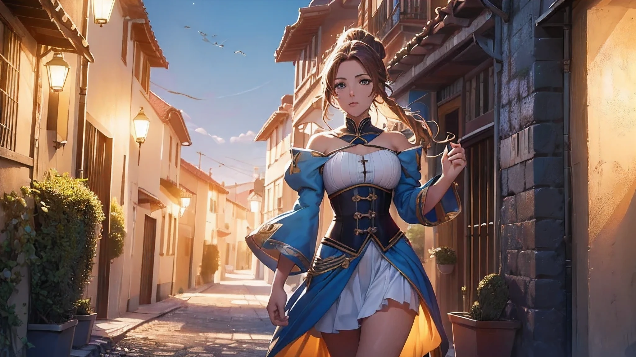 (8k, RAW foto, mejor calidad, (Obra maestra, super high quality, super detailed), anime style paisaje, chica joven, Absoluto, velas escarlatas, girl looking at the sea from the coast, camera looking at the sea, detalles intrincados, sailing ship with velas escarlatas, Una escena de una novela de Alexander Greene. "velas escarlatas" imagen de medio cuerpo, A beautiful women posing for a photograph in an alley, brown ponytail, golpes, risa feliz, blue eyes, Cuerpo magro musculoso, perfect , Looking to the camera, Time of the day, cielo azul, estilo animado, al aire libre, tendencia en artstation, Oh!, sakimichan muy sensual, con ropa original cuerpo entero, muy realista, extremadamente realista, extremadamente , 8k, 8k extremadamente detallado), (un extremadamente delicado y hermoso), (obra maestra), (mejor calidad: 1.0), (ultra high resolution:1.0)