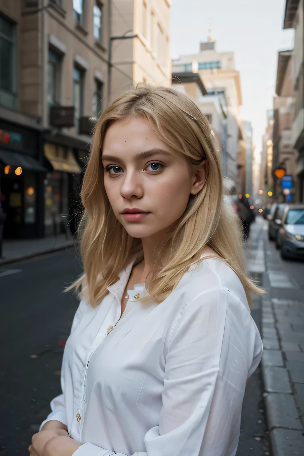 Extremely realistic blonde Russian girl with blonde hair and blue eyes, detailed clothing, calm, photoshoot in the city, portrait, colorful, ambient