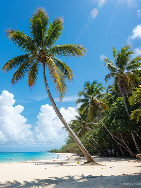 tropical, sunny, vibrant, beach, palm trees, clear skies, blue ocean, relaxation, vacation, leisure, photo