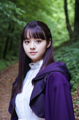 a woman 17 years old, (full body), full body black, purple cloak, black jacket, white dress with black jacket, fern sou sou no frieren, big breast, forest background, long purple straight hair, oval face, shinning eyes, perfect face, highest resollution, perfect finger, magical wand, butterfly pin, masterpiece, (front focus), pose for photo, foot on