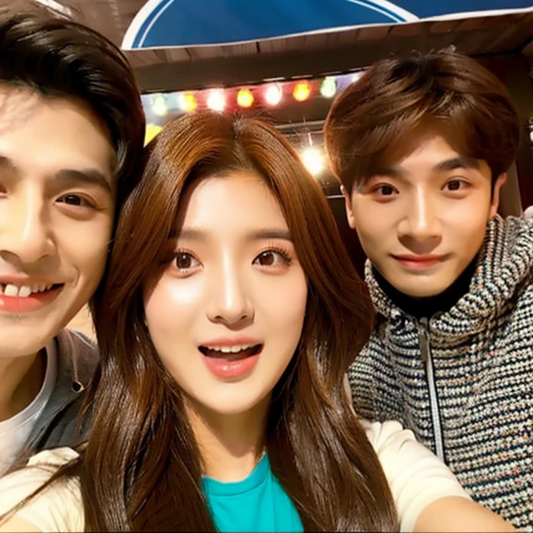 female kpop idol with brown hair taking a selfie with two kpop male idols