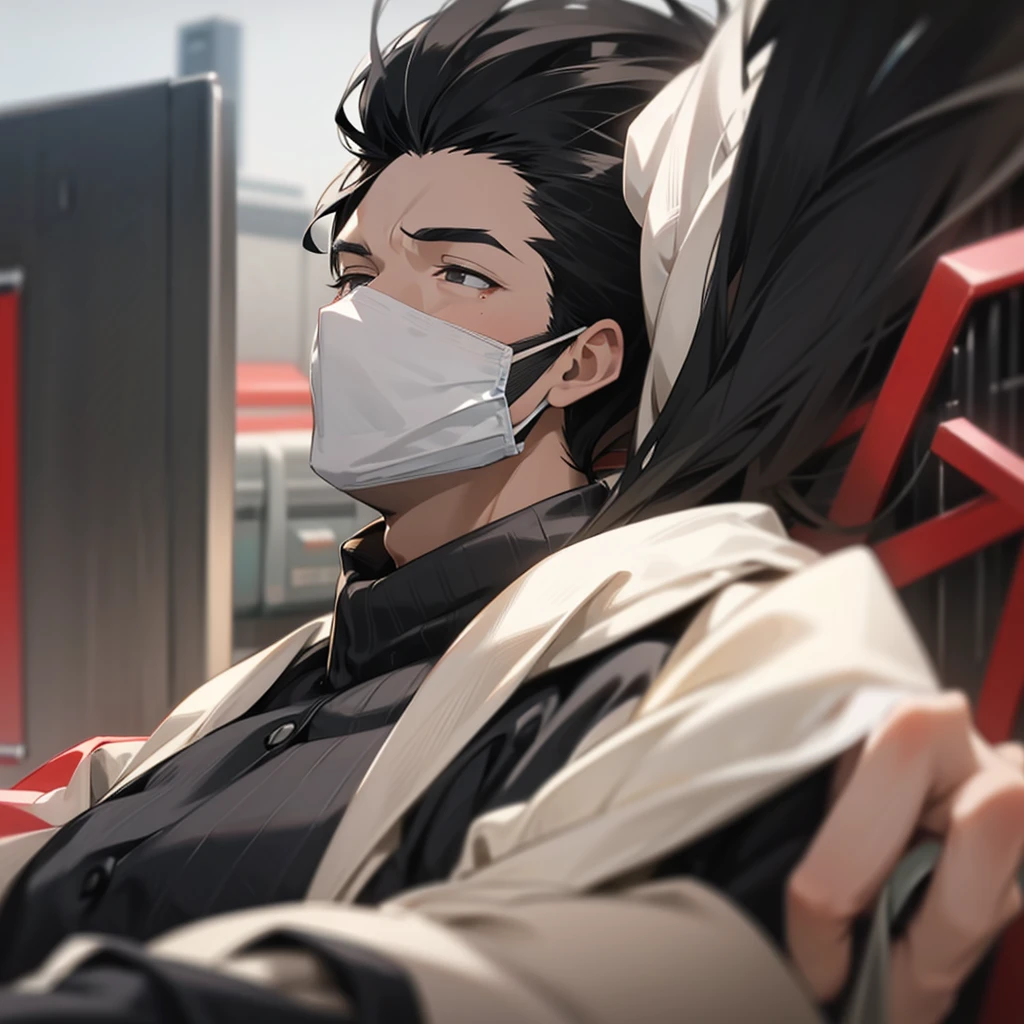 Male, pharmaceutic, pharmaceutical, mature male, mature man, stern, white eyes, black hair, health mask.