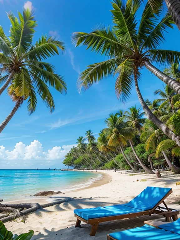tropical, sunny, vibrant, beach, palm trees, clear skies, blue ocean, relaxation, vacation, leisure, photo