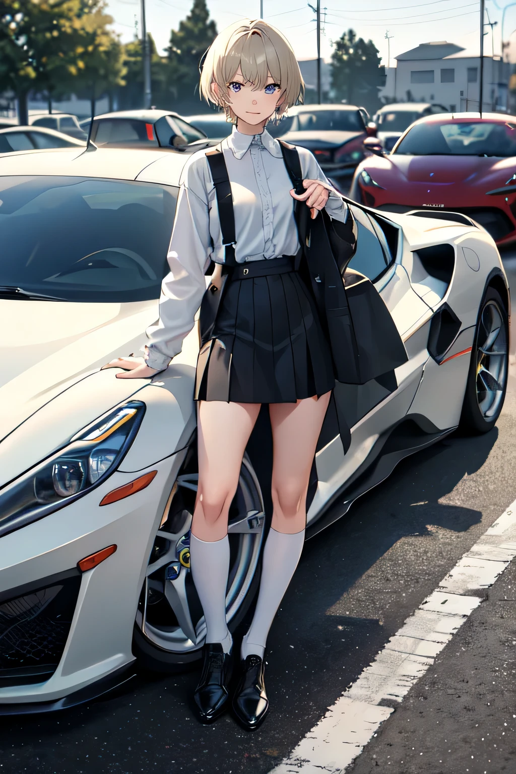 1girl with car ferrari F480 grey colour,18y.o,blue eyes,blonde hair,mullet haircut,short hair,senior highschoo outfit,car parking background,happy expression