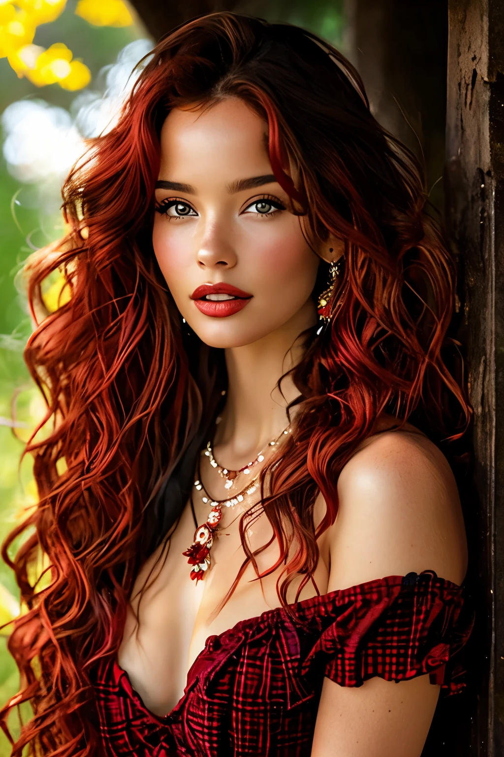 bellissima,1girl,solo,long hair,breasts,looking at viewer,brown hair,dress,cleavage,brown eyes,jewelry,medium breasts,upper body,flower,red hair,earrings,necklace,blurry,lips,plaid,makeup,nature,curly hair,realistic