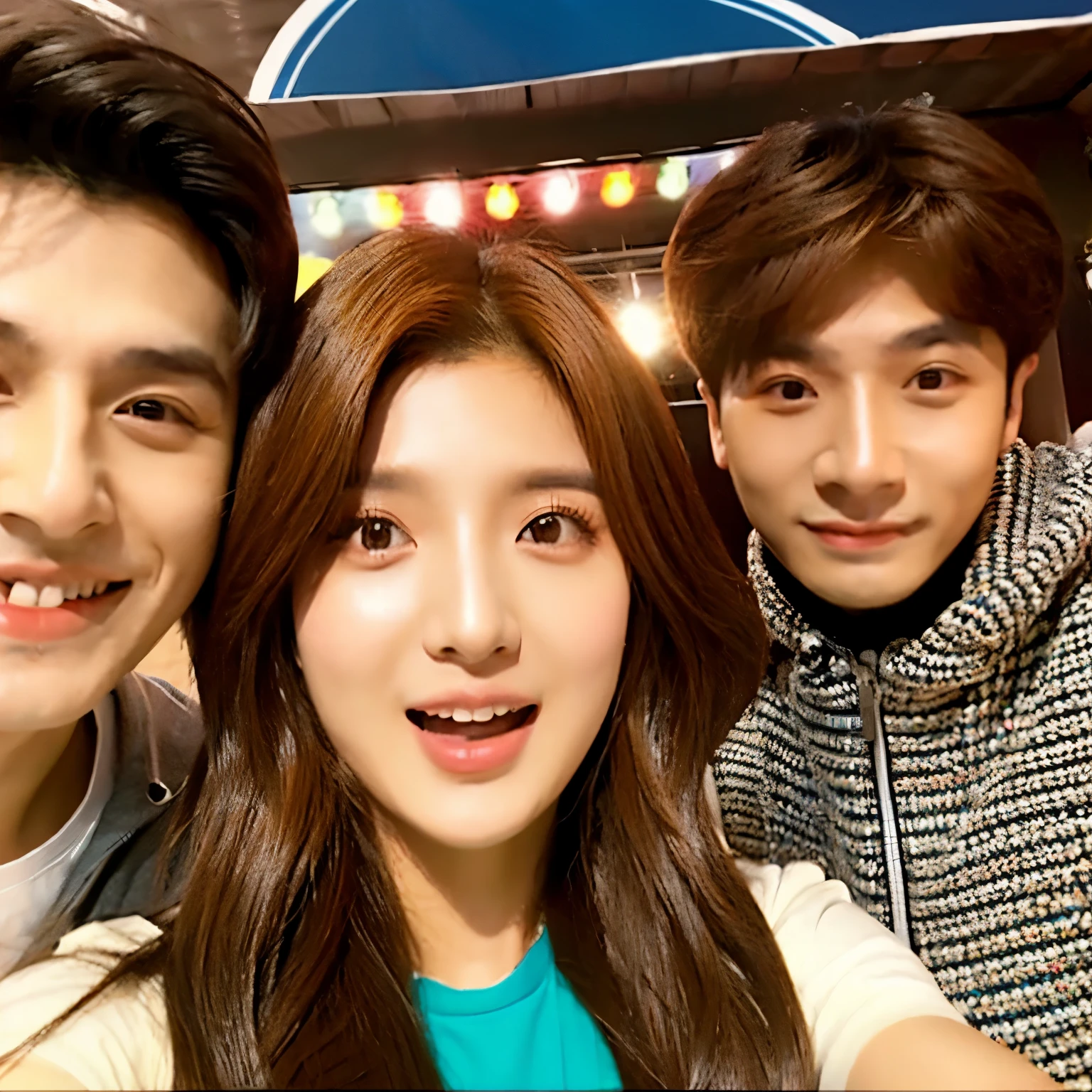 female kpop idol with brown hair taking a selfie with two kpop male idols