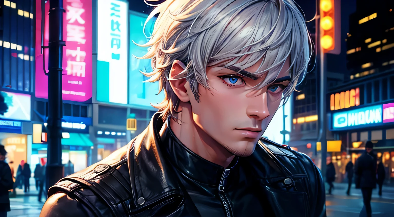 Male,
1 person,
Good looking man,
Profile,
Detailed facial expressions,
detailed facial expression, detailed hair description,
detailed hair description, detailed eyes description,
downtown,
Midnight,
neon light,