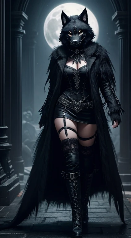 wolf mask, 1girl, gothic style, creepy, sexy, dark fantasy, magic ball background, dark energy steam, full body