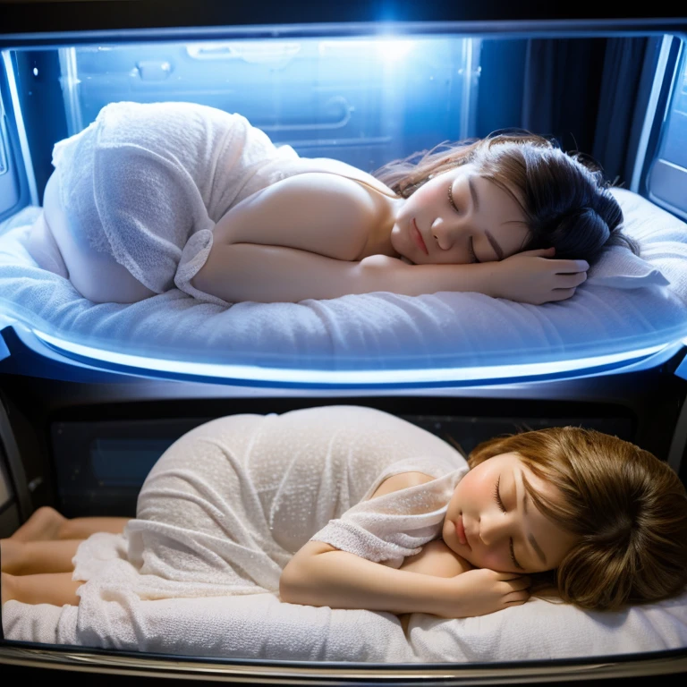 A beautiful and very cute girl is sleeping with her eyes closed in a cold sleep capsule made of transparent glass in the shape of a coffin connected to a machine in the remains of a crashed spaceship, The girl is s old, the girl has gigantic huge big breasts, and the girl has a baby face, full body,