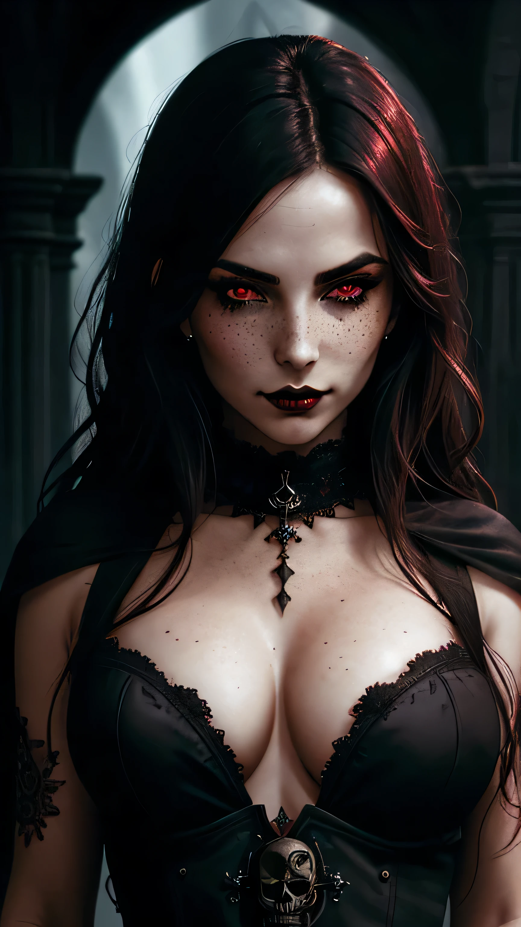 (best quality, hyperdetailed photography:1.2), beautiful lady, freckles, gothic dark makeup, soft light, massive perfect breast, cover, (detailed beautiful face, detail skin texture, ultra-detailed body:1.1) sexy vampire girl, red eyes, perfect body, skull, blood