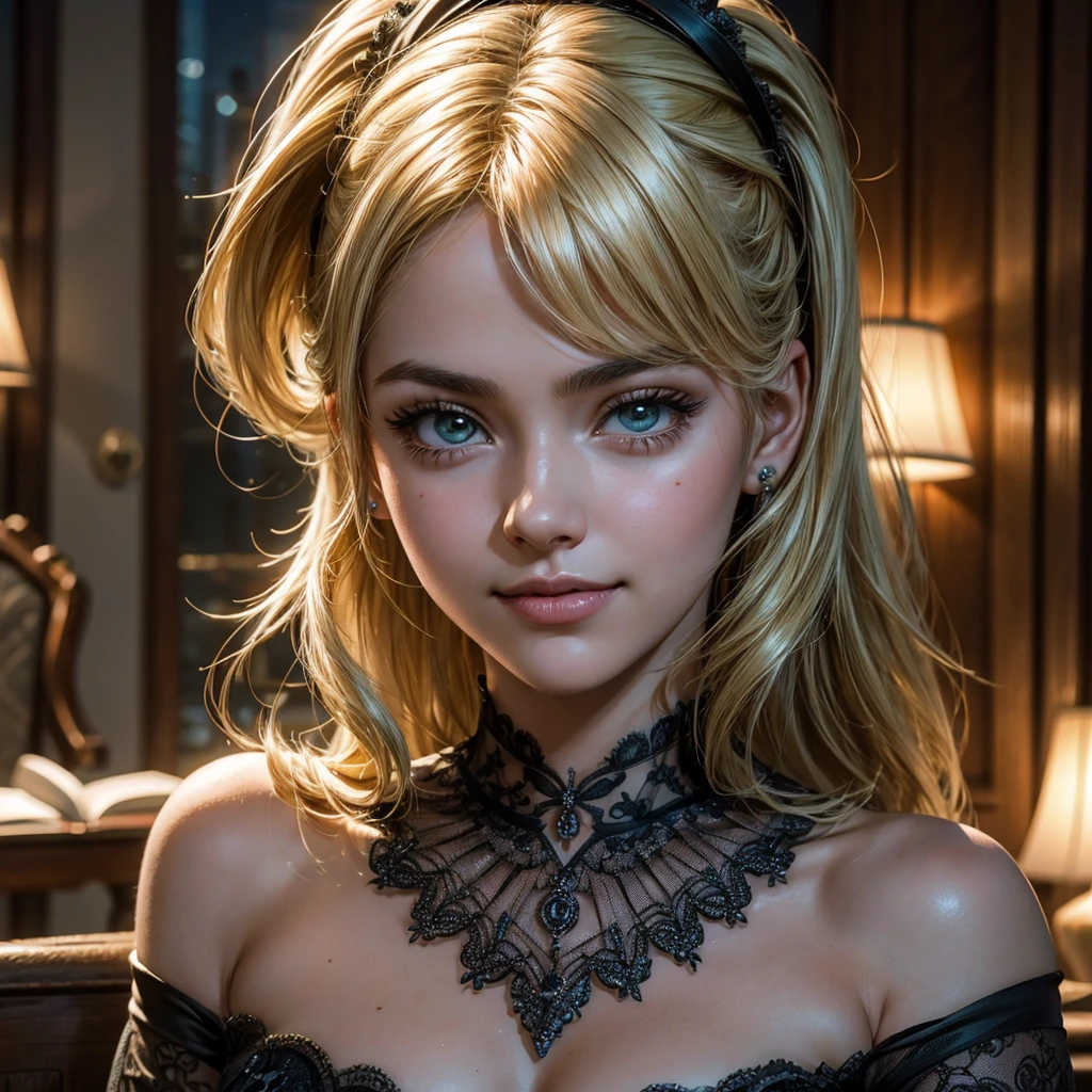 Portrait of Gwen Stacy, a 19 year old girl, cabello rubio mojado, ojos grandes de color verde brillante, labios rojos deliciosos perforados, anillo de la nariz, sonriendo, Looking to the camera, Noche, in a room, luz baja, ambiente suave, no lamp light, penumbra, ultra realista, Hyper realistic, 3D, 4k