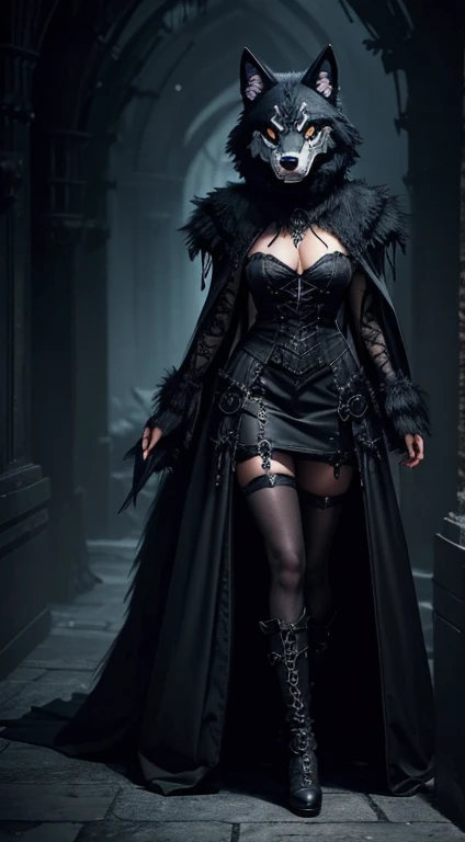 wolf mask, gothic style, creepy, sexy, dark fantasy, magic ball background, dark energy steam, full body
