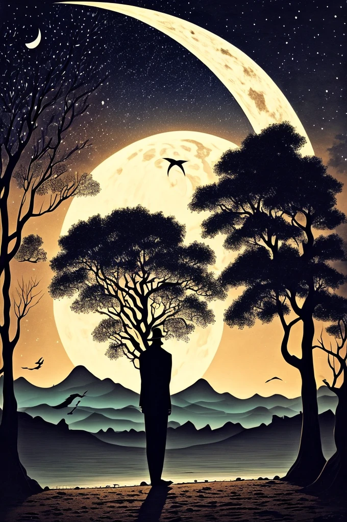 Under the cover of night, a crescent moon hangs in the sky, casting a dim light over the shadow-shrouded landscape. Its pale rays illuminate the path of a lone figure who ventures through the darkness, as shadows dance around him. The moon, an ancient symbol of renewal and mystery, lends a magical aura to the gloomy environment,
revealing just enough to spark curiosity. As its soft glow caresses the landscape, hidden secrets come to life, waiting to be discovered by those brave enough to explore beyond the veil of night.