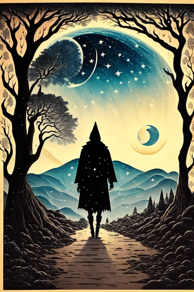 Under the cover of night, a crescent moon hangs in the sky, casting a dim light over the shadow-shrouded landscape. Its pale rays illuminate the path of a lone figure who ventures through the darkness, as shadows dance around him. The moon, an ancient symbol of renewal and mystery, lends a magical aura to the gloomy environment,
revealing just enough to spark curiosity. As its soft glow caresses the landscape, hidden secrets come to life, waiting to be discovered by those brave enough to explore beyond the veil of night.